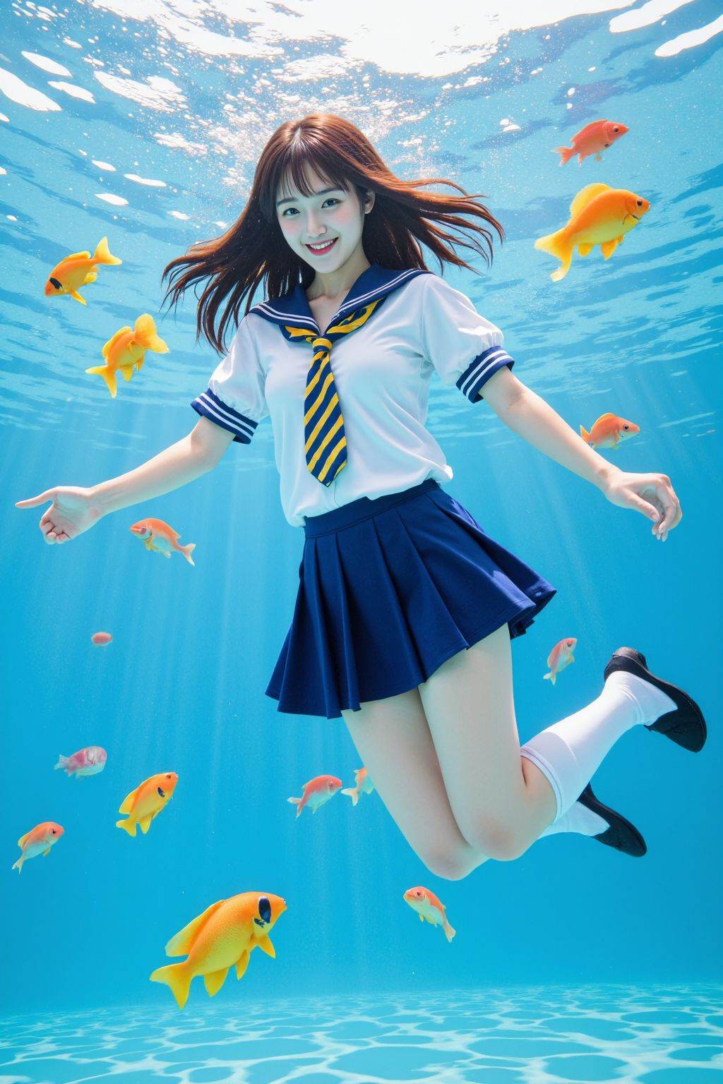 HDR photo of cinematic film still. This is a vibrant, underwater photograph of a young woman swimming gracefully in clear, blue water. She is dressed in a traditional Japanese schoolgirl uniform, consisting of a white blouse with a blue and yellow striped tie, a navy blue pleated skirt, and white knee-high socks paired with black shoes. Her long, dark brown hair flows freely around her face, which is adorned with a bright smile. The woman's skin is fair, and she appears to be of East Asian descent.Surrounding her are several colorful fish, including a yellow fish with a black spot, adding a playful and whimsical element to the image. The water is crystal clear, allowing for a detailed view of the fish and the woman's body. The background consists of soft, blurred reflections of light, creating a serene and dreamy atmosphere. The woman's arms are outstretched, and her legs are bent, suggesting a playful or carefree swim. The overall composition is dynamic, with the woman's movement and the fish adding motion to the stillness of the water. The photograph captures a sense of joy and freedom, blending the everyday schoolgirl uniform with the underwater fantasy.