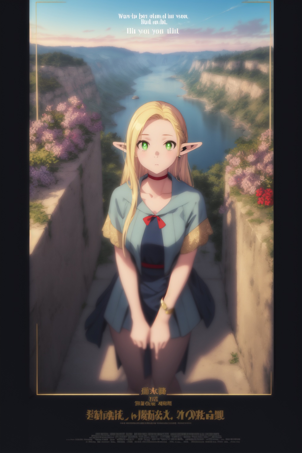 1girl,looking at viewer,solo,elf,long hair,blonde hair,pointy ears,green eyes,choker,red choker,<lora:Marcille (3):0.8>,Marcille_CYQL,(:d,sitting,upper_body,from_above:1.1),Exaggerated trumpet gown with voluminous ruffled skirt,beautiful face,beautiful eyes,glossy skin,shiny skin,Canyon, River, Cliffs, Rapids, Canyon walls, Wildlife, Echoes, Adventure,Cottage garden flowers, Evening glow, Twilight hues, Summer blooms, English countryside, Serene atmosphere,beautiful detailed sky,beautiful detailed glow,(movie poster:1.2),(border:1.3),(English text:1.4),posing in front of a colorful and dynamic background,masterpiece,best quality,beautiful and aesthetic,contrapposto,female focus,fine fabric emphasis,wallpaper,fashion,intricate detail,finely detailed,fine fabric emphasis,glossy,<lora:增强减少细节add_detail:0.4>,