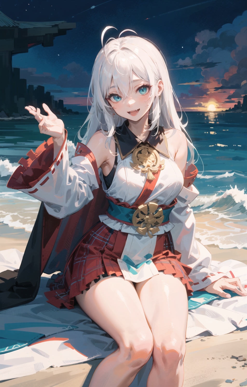 1girl,model, thighs, *****, medium breasts, aqua  eyes, fangs, white hair, colored inner hair, hair over eyes, antenna hair, long hair, sleeves_past_fingers, miko  attire, tartan, frills, bare_shoulders, cape, seductive smile, shiny skin, night, on  the  beach