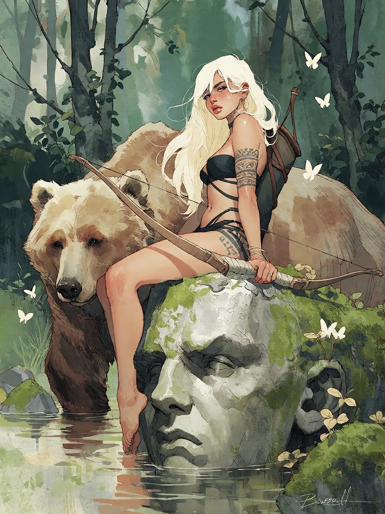 Bradhamel art style.A fantasy illustration of a young woman with long blonde hair and tribal tattoos on her arms and legs,...