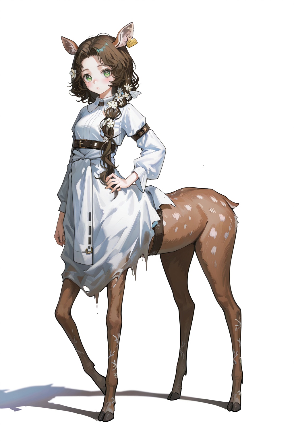 8k,best quality,masterpiece,(ultra-detailed),(high detailed skin),safe_pos,masterpiece,absurdres,newest,iumu,shinanoya \(satanicad\),jima,(whitebc:0.75),reoen,(healthyman:0.5),yoshinari you,(sparkling eyes:1.2),by Wlop and Ilya Kuvshinov style,cel-shading with soft gradients,cinematic composition,depth of field,(lens flare:0.7),(light bloom:1.1),(subtle film grain:0.5),pastel color palette,(fkey:0.6),(fuzichoco:0.6),impasto,full body,full shot,standing,looking at viewer,(solo:1.2),simple background,(white background:1.2),hand on own hip,(white background:1.1),<lora:jessica-IL-Tanger-000014:0.8>,jessica \(reverse:1999\),clothes: def white dress,deer-centaur,deer ears,ear tag,half-deer girl,1girl,taur,animal ears,green eyes,brown hair,monster girl,ong hair,long sleeves,A full-body portrait of a young girl,standing gracefully,pastel art style,high-key lighting,shoujo manga influence,hd quality,delicate details,