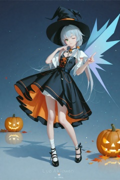 masterpiece,best quality,high quality,(colorful),[Artist sk (askzy)],[Artist wlop],Artist SHC,1girl,Luo Tianyi (Vocaloid),solo,bandages,one eye closed,dress,hat,green eyes,long hair,witch hat,looking at viewer,halloween,smile,wings,jack-o'-lantern,finger to mouth,full body,