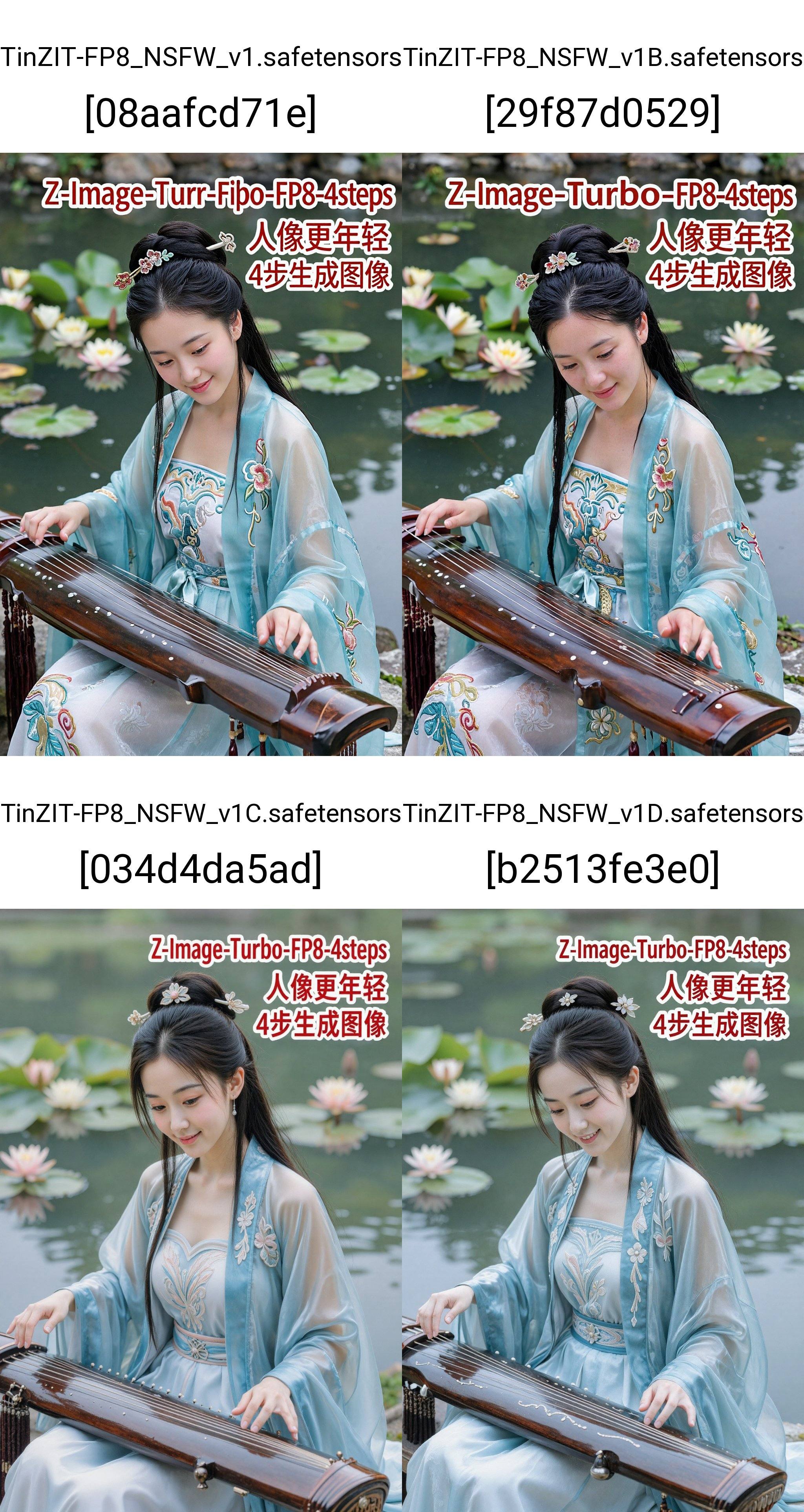 这张照片捕捉到一幅宁静空灵的画面：一位肤色白皙、五官精致的亚洲女子正在弹奏古琴,  浅浅一笑。她身着一件半透明的浅蓝色丝绸长袍,  上面绣着精美的图案 on Tensor.Art