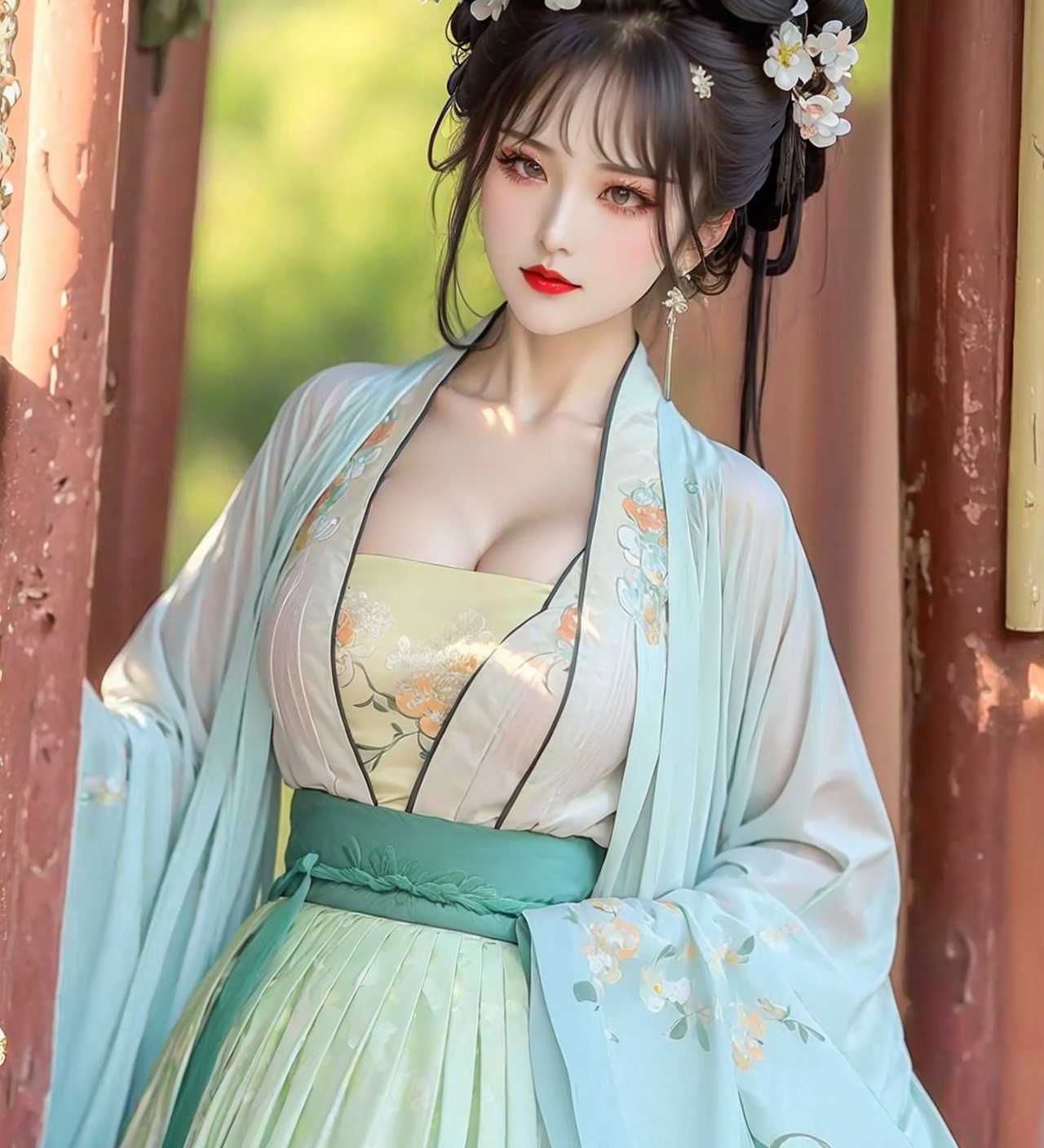 1girl,jewelry,red_lips_,lipstick,applying_makeup,diamond drop earrings,eye makeup,black hair,upper_body,solo,plump breasts,hanfu,<lora:汉服眼妆1.3:0.6>,embroidery,<lora:汉服花篮吊带汉服1.1:0.9>,chest,cleavage,