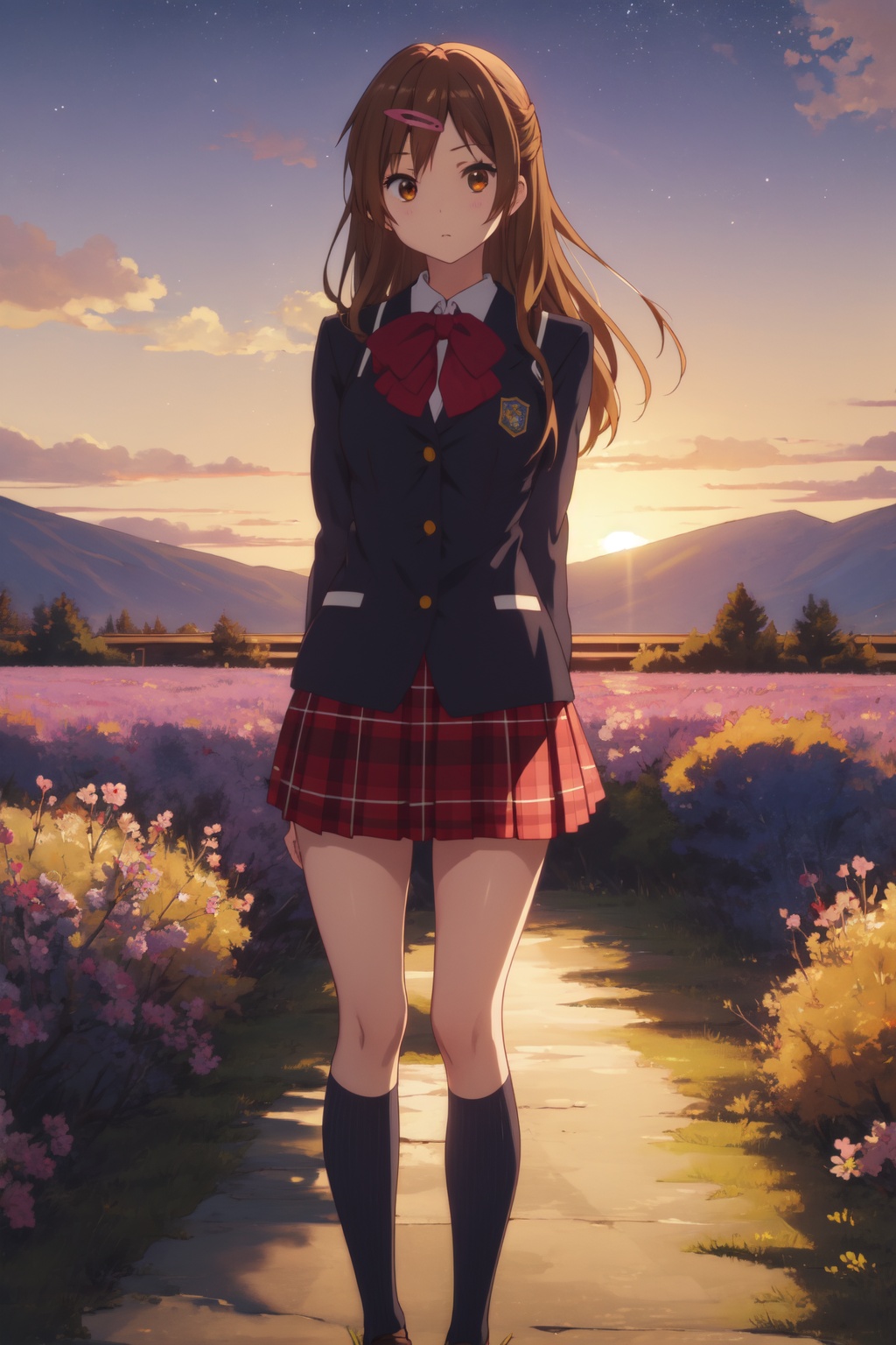<lora:Shinka-000011:0.8>,Shinka CYQL,1girl,looking at viewer,solo,long hair,brown hair,one side up,brown eyes,hairclip,hair ornament,school uniform,skirt,plaid,plaid skirt,socks,kneehighs,tearing_up,bust,Lavender, Fields, Purple, Fragrance, Bees, Horizon, Serenity, Sunset,(Date palms, Cacti, Oasis pool, Hot sand, Glaring sunlight, Mirage:0.5),beautiful detailed sky,beautiful detailed glow,posing in front of a colorful and dynamic background,masterpiece,best quality,beautiful and aesthetic,contrapposto,female focus,wallpaper,
