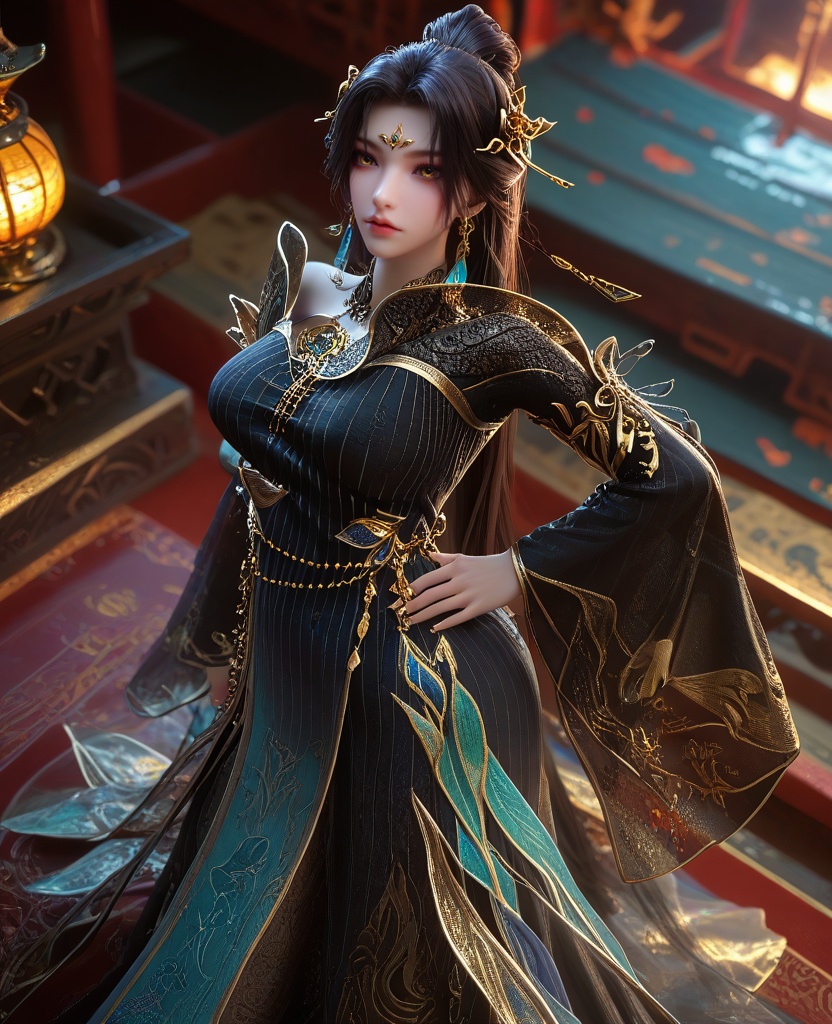 (oriental architecture, elegant decor, sophisticated style:1.1),(Lifting leg, hands on hips,:1.1),From above, looking straight down at the subject,(large breasts:1.2),<lora:XL16云深不知梦羲和第9集:0.95>,miss xihe,ombre gown,yellow eyes,forehead jewel,black hair,absurdly long hair,traditional chinese updo with long cascading hair,hair ornament,jewelry,earrings,wide sleeves,boots,eyeshadow,, score_9,score_8_up,score_7_up,score_6_up,score_5_up,score_4_up,3d rendering,tag1,tag2, Cinematic Lighting,backlighting,