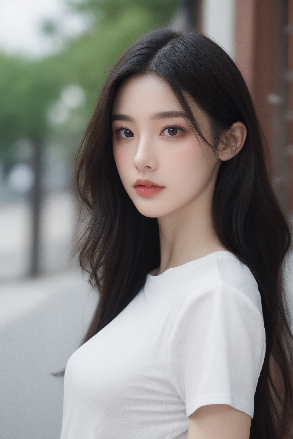 1girl, black hair, brown eyes, building, lips, long hair, looking at viewer, nose, outdoors, realistic, road, shirt, short sleeves, solo, upper body, white shirt  <lora:国际超模脸:0.66>
