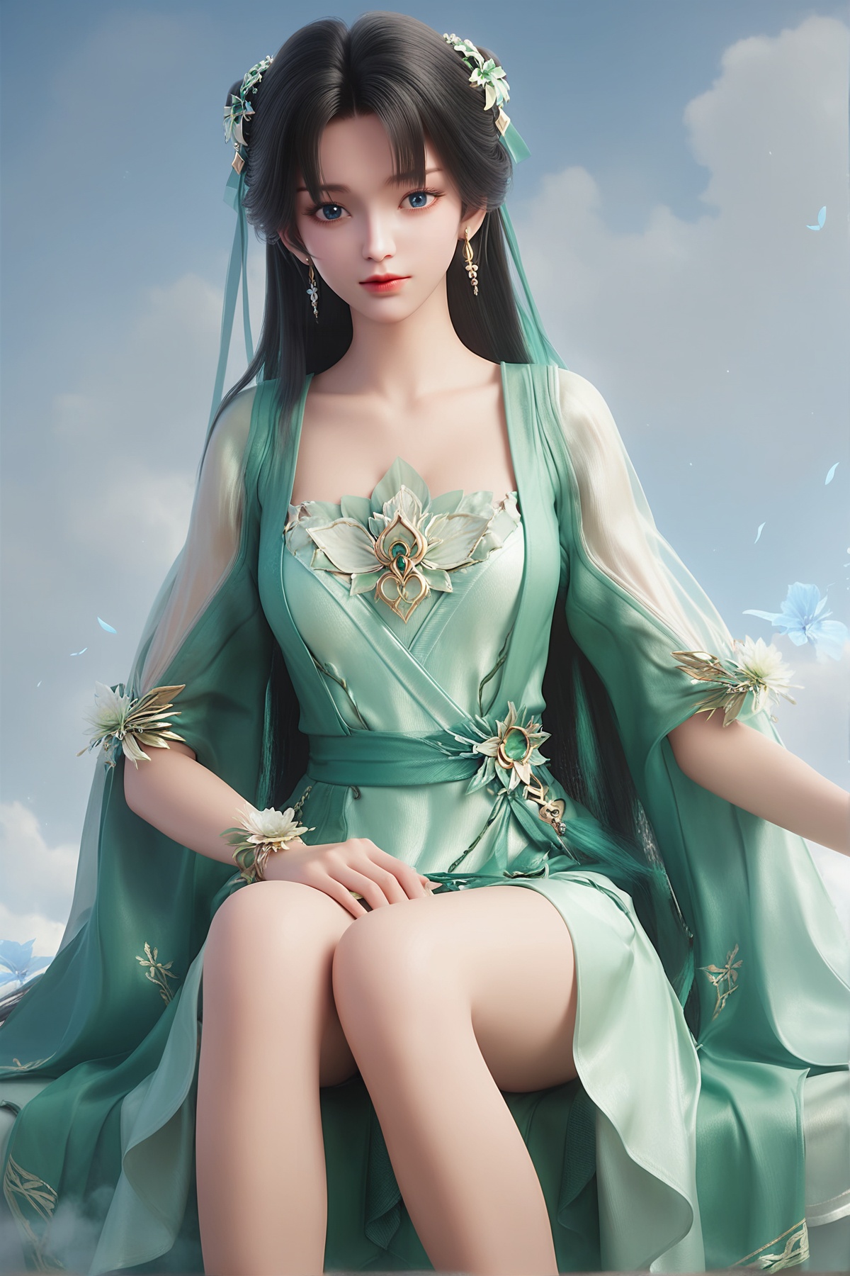 score_9,score_8_up,score_7_up,<lora:wy_biyao_x_XL7.0:0.8>,1girl,long hair,breast,medium breast,earrings,hair_ornament,dress,black hair,blue eyes,green_dress,sitting,bare_legs,