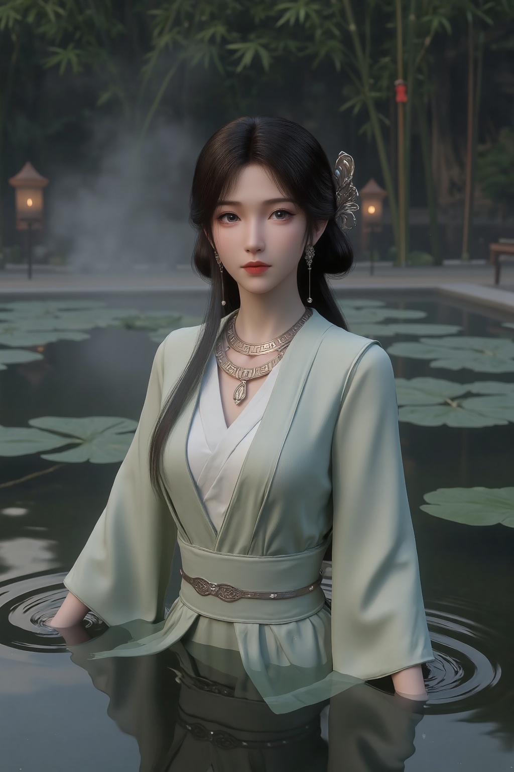 mn,mn,This is a highly detailed CGI rendering of a young Asian woman with fair skin and long,dark brown hair adorned with a silver hairpin. She wears an elegant,pale green kimono with intricate patterns,and a gold necklace with a pendant.,Her arms rest gently on the water's surface,and her head is turned slightly to the side,gazing into the distance. The scene is enhanced by dramatic lighting that creates a soft glow on the water's surface and highlights the steam rising from the hot spring. The background features lush bamboo and distant lanterns,adding depth and a sense of tranquility to the atmosphere.,WALLPER,masterpiece:1.2),best quality,high resolution,unity 8k wallpaper,(illustration:1),perfect lighting,extremely detailed CG,finely detail,extremely detailed,soft lighting and shadow,soft yet striking lighting,film grain:1.2,(skin pores:1.2),(detailed skin texture:1),((solo:1.5)),Detailed face,(see-through:1.1),misty,Low Key:1.1,depth of field,(masterpiece, best quality, highres:1.2),minimalism,realistic,(unified picture:1.1),(A girl standing in water, upper body above, lower body submerged:1.8),upper body on the water,lower body below the surface,(1girl:1.1),(solo:1.1),(on the water were giant lotus flowers and leaves:1.4),(giant lotus leaves grow out of the water:1.2),(Cirrocumulus:1.1),(below the surface are schools of giant koi:1.3),(giant koi:1.1),black hair,long hair,white dress,wet clothes,wet body,wet hair,clear and clean water,[ripples],(from_below:1.4),look at viewer,depth of field,(simple_background:1.2),