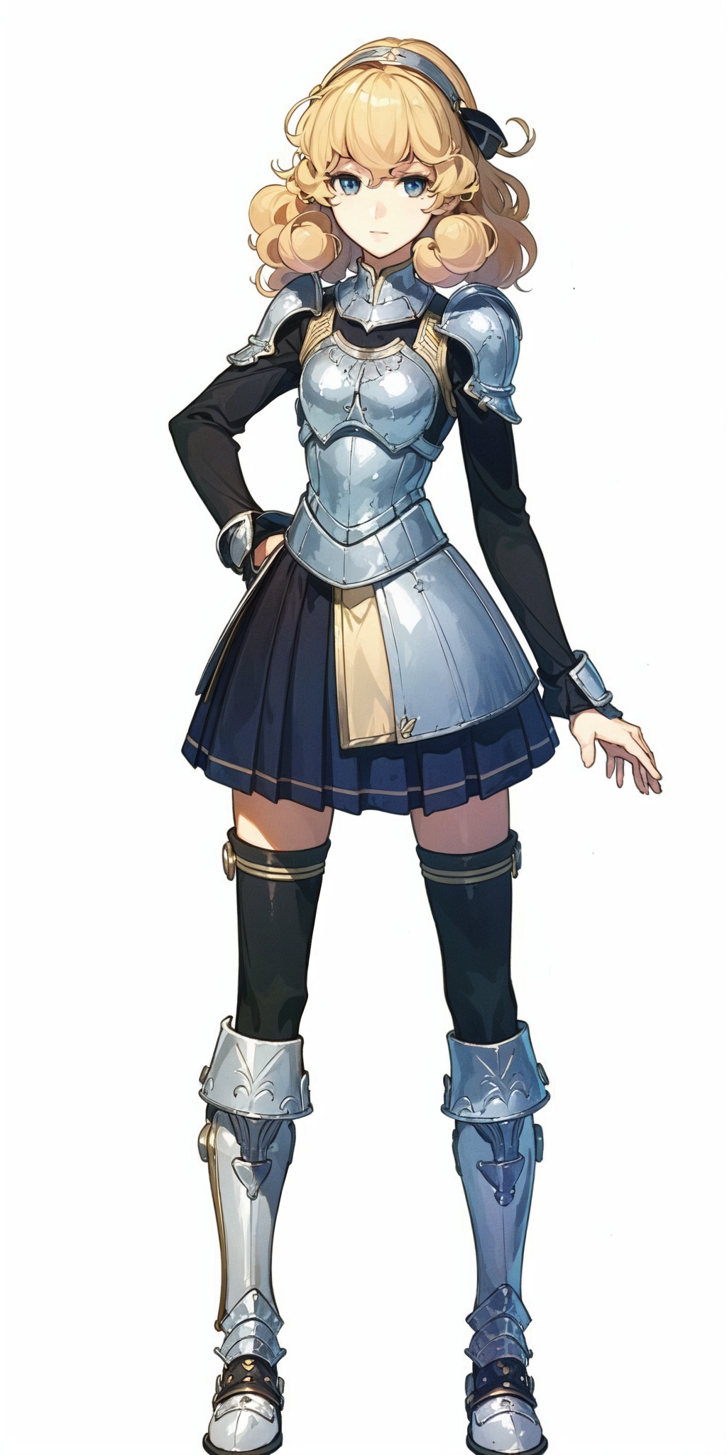 1girl, ,white background, skirt,looking at viewer, boots,simple background,standing, mysterious pattern, blonde, curly hair, armor,