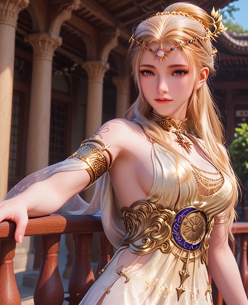 (oriental architecture, elegant decor, sophisticated style:1.1),(Leaning against a fence or railing:1.1),Pout,(breasts:1.2),<lora:XL16永劫无间席拉:0.95>,miss xila,light yellow high-low dress,blue eyes,circlet,blonde hair,braid,long hair,sash,jewelry,armlet,golden tattoo of holy seal,, score_9,score_8_up,score_7_up,score_6_up,score_5_up,score_4_up,3d rendering,tag1,tag2, Cinematic Lighting,backlighting,