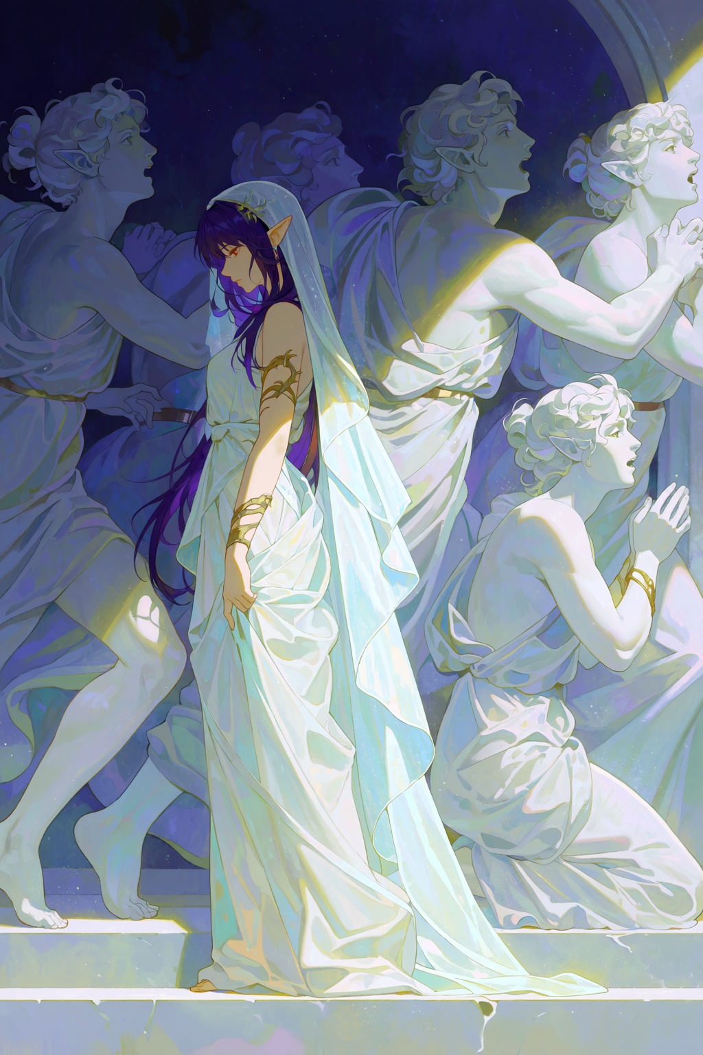 A full shot depicts an elf-eared woman with long dark purple hair,  red eyes,  and a golden vine arm cuff curling up her a...