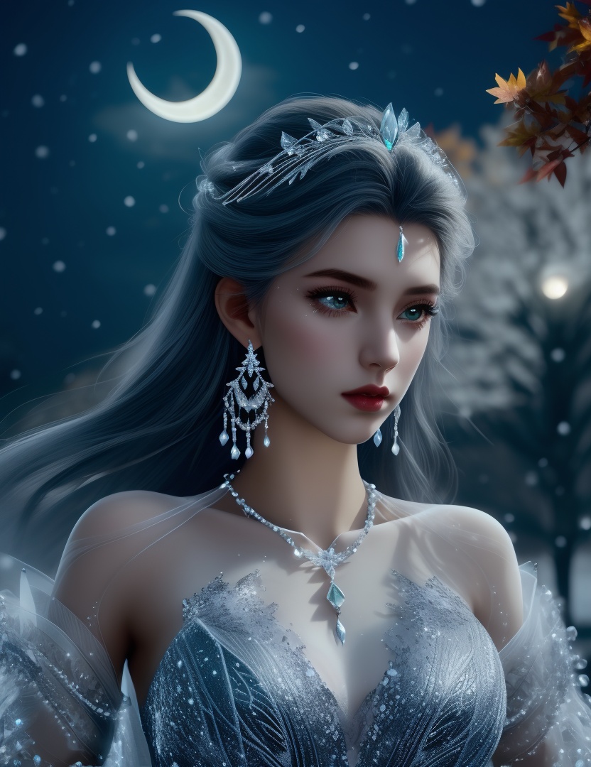 (,1girl, pov,best quality,masterpiece,  ) ,(((,1girl,  dress, crescent moon,moonlight,  snowing, )))        <lora:斗罗大陆-雪帝:0.6>ultra realistic 8k cg, flawless, clean, masterpiece, professional artwork, famous artwork, cinematic lighting, cinematic bloom, perfect face, beautiful face, fantasy, dreamlike, unreal, science fiction, luxury, jewelry, diamond, gold, pearl, gem, sapphire, ruby, emerald, intricate detail, delicate pattern, charming, alluring, seductive, erotic, enchanting, hair ornament, necklace, earrings, bracelet, armlet,halo,autumn leaves, 