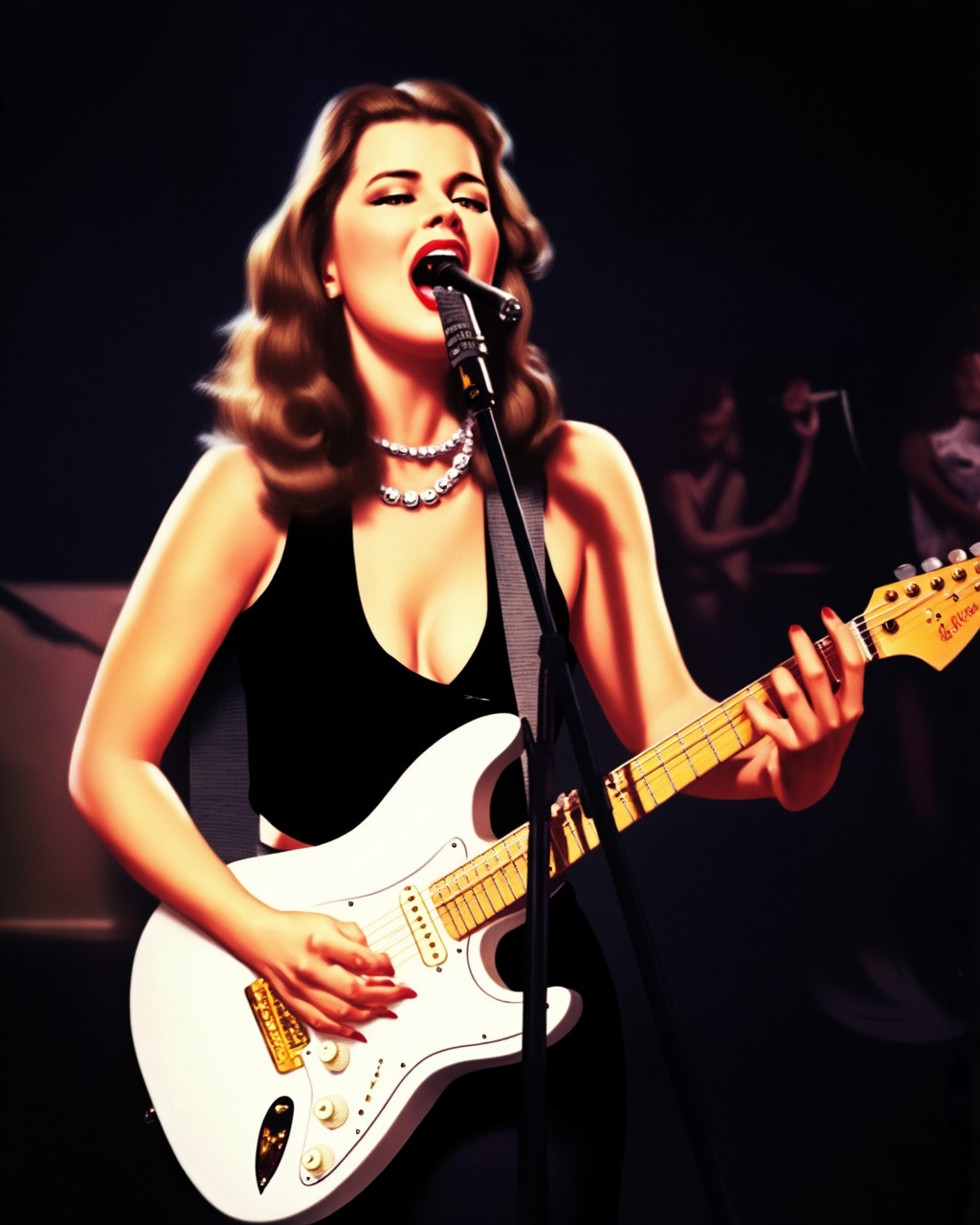 A vivid portrayal of a female singer passionately singing into a microphone while playing a white electric guitar. She wea...