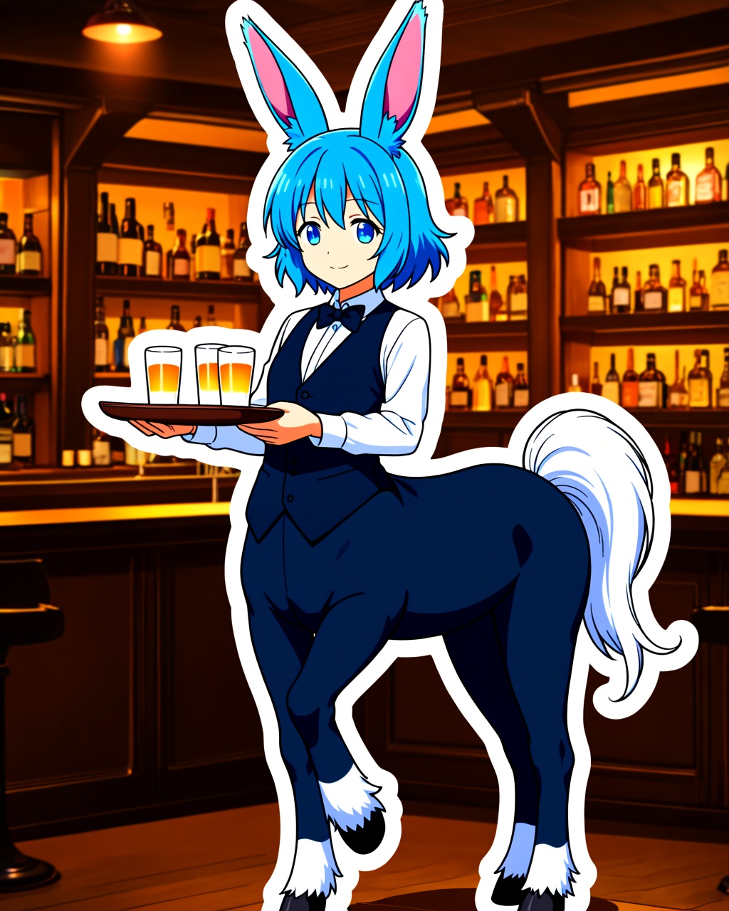 Blue-haired rabbit centaur bartender standing inside a warm wooden tavern bar at night.Long upright rabbit ears with pink...