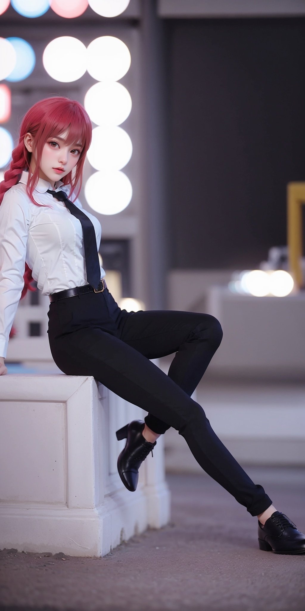 <lora:MQM_20240129160408-000005:0.75>,MQM,1girl,makima \(chainsaw man\),solo,necktie,pants,black necktie,shirt,belt,(black pants:1.3),red hair,white shirt,looking at viewer,ringed eyes,yellow eyes,collared shirt,bangs,shirt tucked in,teeth,high-waist pants,long hair,braided ponytail,sidelocks,braid,shoes,black footwear,blurry background,night,long sleeves,outdoors,black belt,<lora:MHB:0.2>,(sitting:1.3),, (raw photo:1.2),((photorealistic:1.4))best quality,masterpiece,illustration,an extremely delicate and beautiful,extremely detailed,CG,unity,8k wallpaper,Amazing,finely detail,masterpiece,best quality,official art,extremely detailed CG unity 8k wallpaper,absurdres,incredibly absurdres,huge filesize,ultra-detailed,highres,extremely detailed,beautiful detailed girl,cinematic lighting,1girl,pale skin,tall female,(perfect body shape),skinny body,Slender legs,, pale skin,tall man,long legs,thin leg,