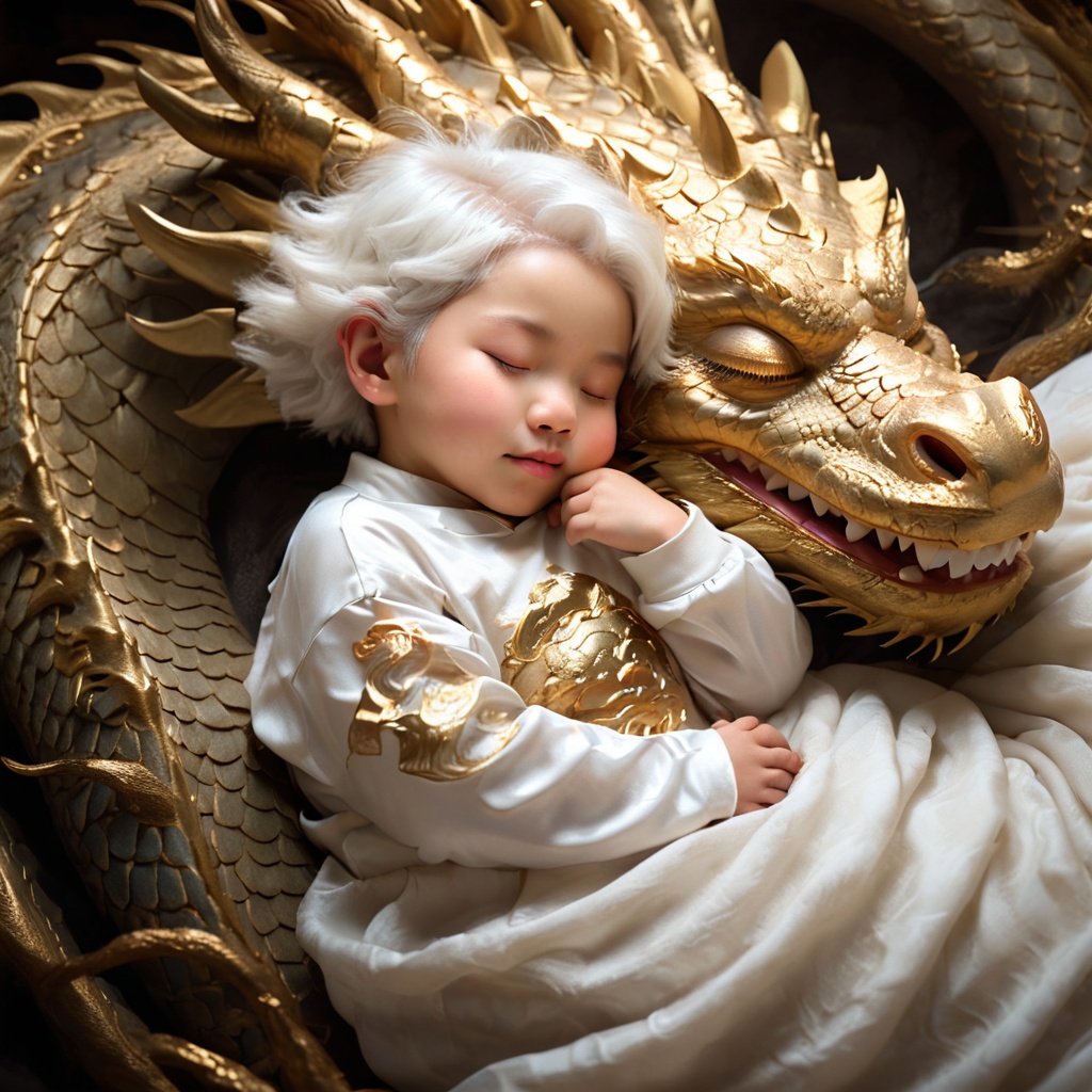 lbbao,sleeping,dragon,closed eyes,child,short hair,1girl,aged down,white hair,long sleeves,<lora:龙宝宝:0.8>,