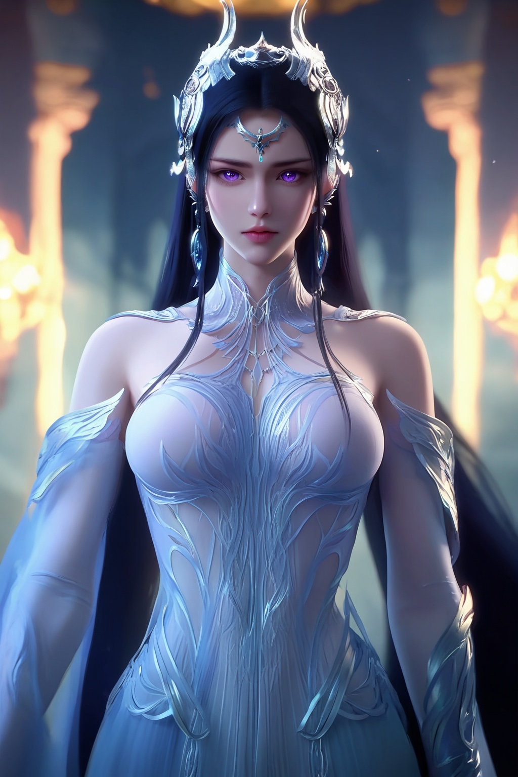 (An honor of mandrakes:1.2),(looking at viewer:1.1),<lora:XL16神国之上叶婵宫:0.95>,miss yechangong,sheer blue chiffon corset gown,violet eyes,forehead pendan,black hair,very long hair,hair ornament,earrings,jewelry,(large breasts:1.2),, score_9,score_8_up,score_7_up,score_6_up,score_5_up,score_4_up,3d rendering,tag1,tag2, Cinematic Lighting,backlighting,