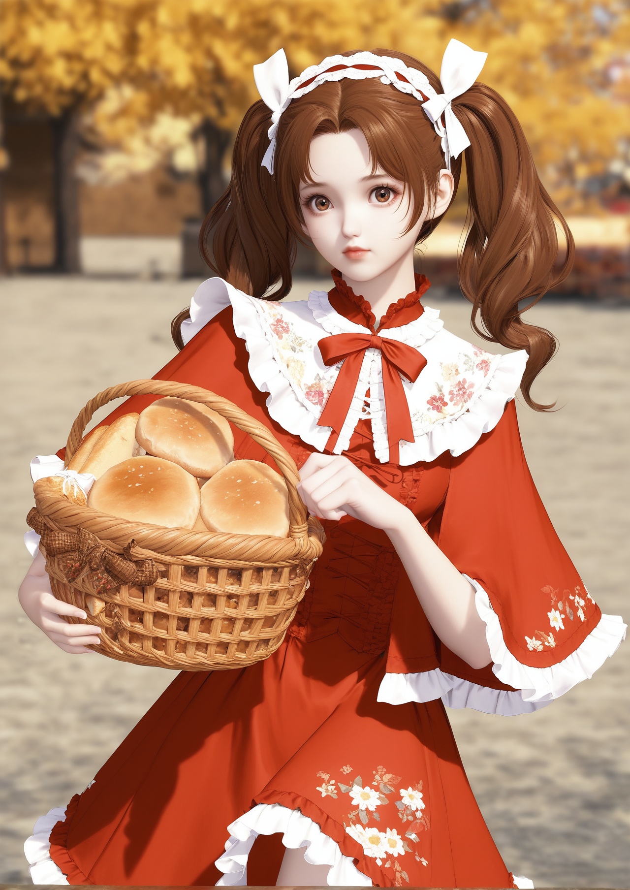 score_10,score_9,score_8_up,score_7_up,1girl,basket,bread,solo,food,brown hair,dress,twintails,brown eyes,blurry,blurry background,lolita fashion,baguette,long sleeves,looking at viewer,red dress,holding,holding basket,long hair,outdoors,capelet,floral print,hairband,red capelet,bow,frills,