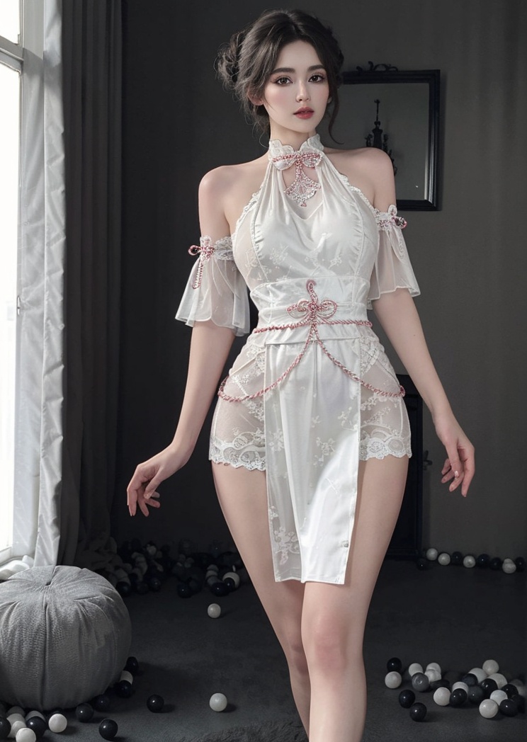 (masterpiece, best quality:1.4),finely detailed,1girl,solo,pale skin,perfect body,(gigantic breasts:1.2),standing,<lora:性感蕾丝旗袍短裙-000008:0.8>,white dress,