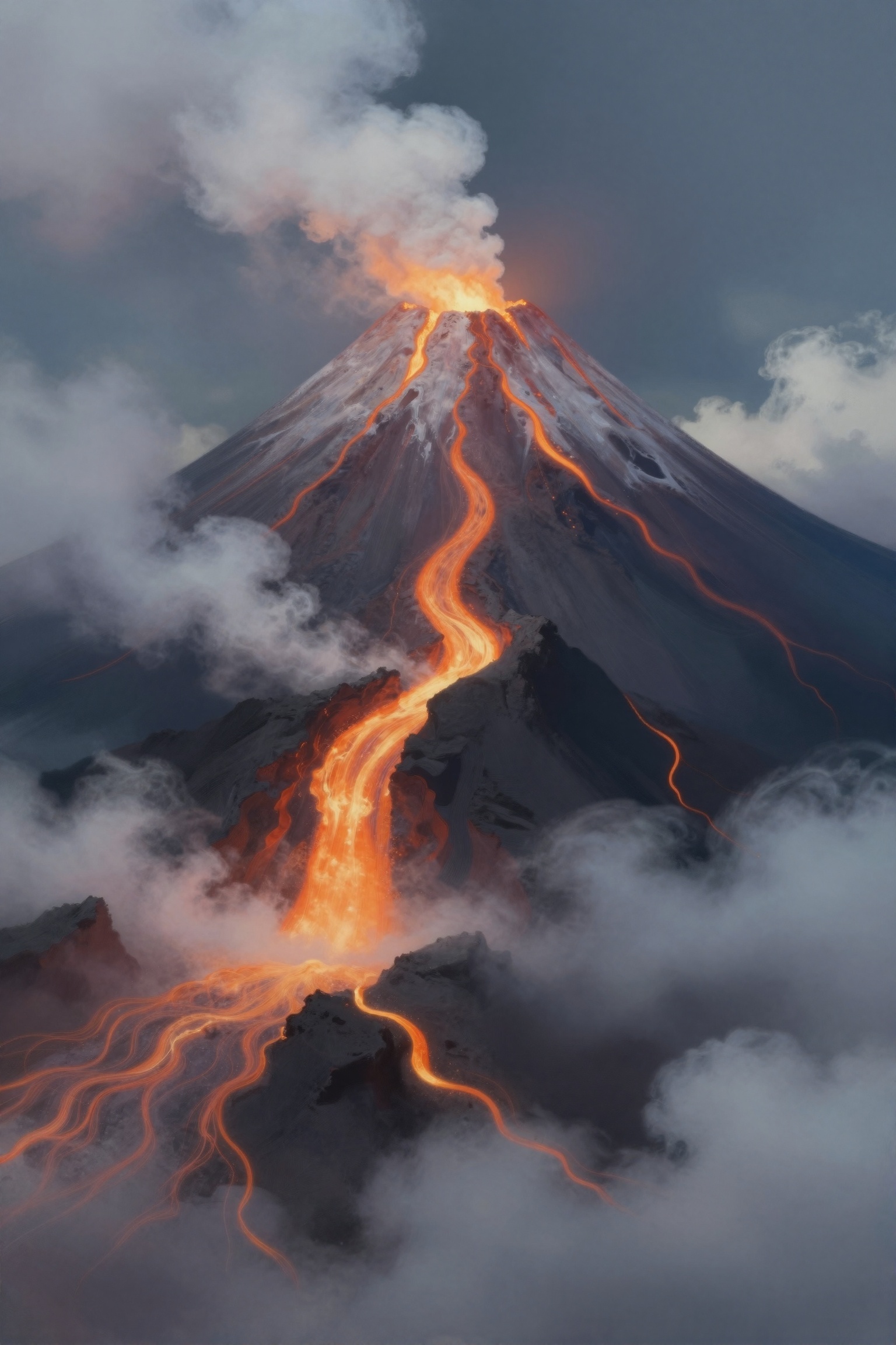 In the realm of dreams,  a towering volcano pierces the sky,  its snow-capped peak shrouded in an aura of mystique. Lava f...