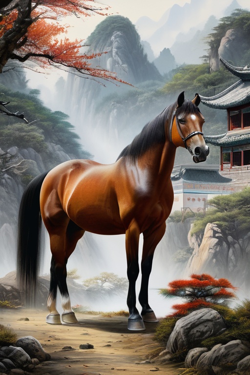 best quality,masterpiec8K.HDR.Intricate details,ultra detailed,8k,masterpiece,best quality,Chinese painting,landscape painting,darw,<lora:horse gh_20240306144304-000005:1>,horse,solo,no humans,