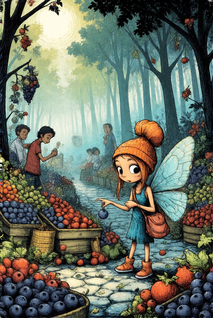 ToonDaal,  A fairy shopping at a miniature outdoor market,  comparing berries bigger than her head; a vibrant on Tensor.Art