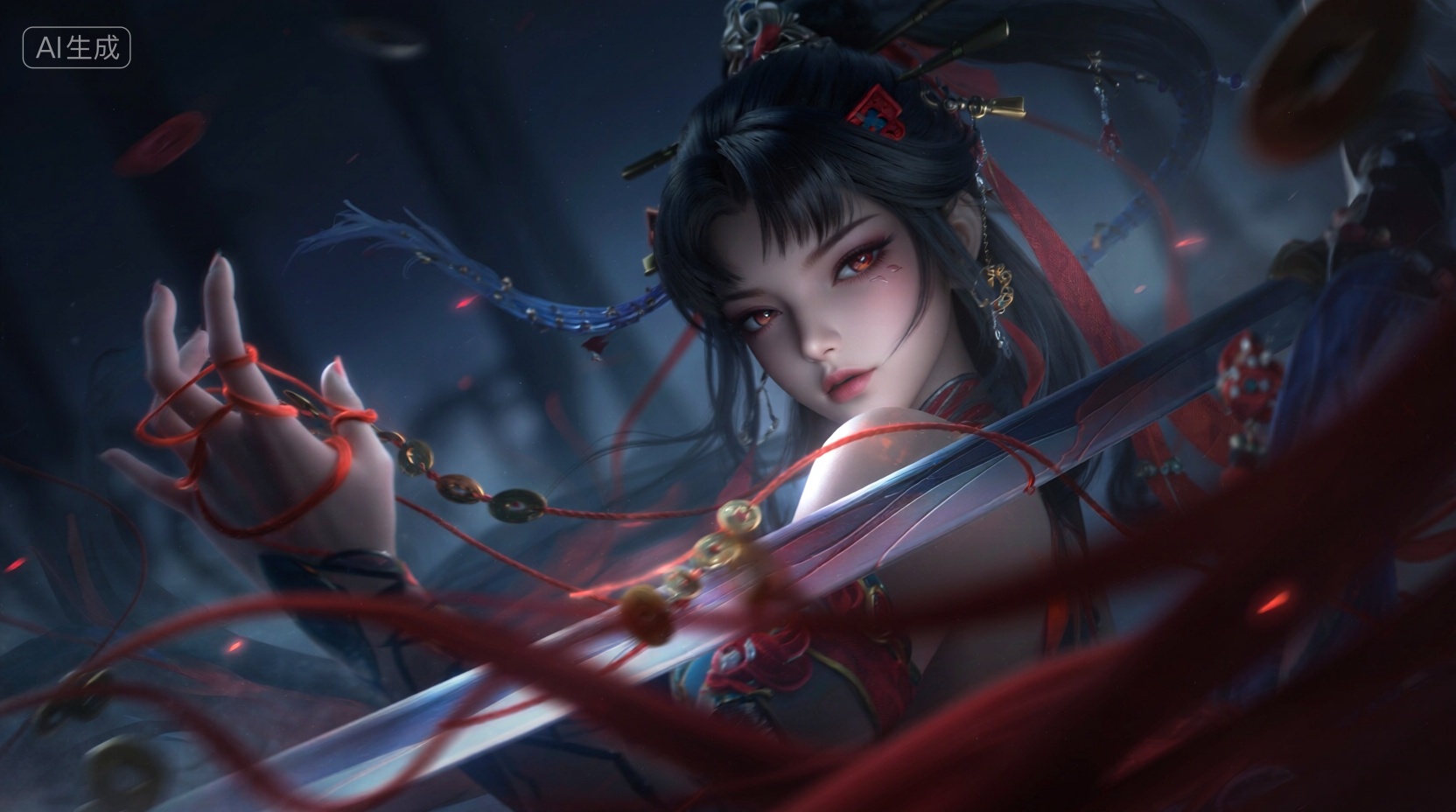 人物插画,叠涂,剑芒,弥散渐变,色彩饱满有层次,古风模糊深色背景,画面昏暗,阴冷,少女,手指缠着发光的红线,诡异民俗风格,红线,小铜钱,流动感,神秘,氛围感拉满,模糊雾气,冷色调,繁复垂坠,画面光影明暗对比,模糊红线前景,倾斜构图,仰视角度,, Negative prompt: ng_deepnegative_v1_75t,(badhandv4:1.2),EasyNegative,(worst quality:2),,nsfw, Steps: 40, Sampler: Euler, CFG scale: 1.0, Seed: 3715435927, Size: 1664x928, Model hash: 98763a1277, Model: Qwen-Image_1.0.safetensors, Denoising strength: 0, RNG: CPU, Lora 1: 【摸鱼】3D, Lora Hash 1: 2106c5bf96, Lora Weight 1: 0.8, Lora 2: 【摸鱼】3D电商渲染级KV海报_创意视觉表达, Lora Hash 2: ce1227b095, Lora Weight 2: 0.4, Lora 3: Qwen-Image-Lightning-8steps-V1.1-bf16.safetensors, Lora Hash 3: fe04c3ec1d, Lora Weight 3: 0.6, vae_name: automatic