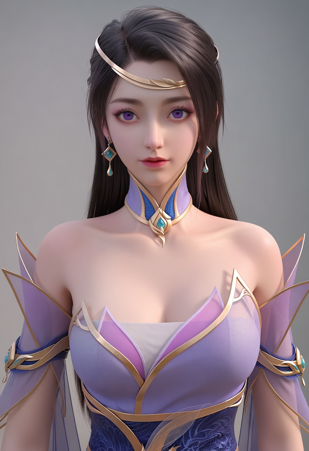 perfect_anatomy,(score_9:1.1),(upper_body:1.1),looking_at_viewer,<lora:YQ_pony_chulingyu_V3:0.8>,1girl,q1528437228,solo,long hair,jewelry,dress,earrings,bare shoulders,black hair,purple dress,breasts,detached collar,detached sleeves,purple eyes,hair ornament,collar,cleavage,perfect_anatomy BREAK (perfect_anatomy:1.1),mature female,(Industrial wind,:1.1),(shiny_skin),(Ivory_skin:1.1),(cinematic lighting),