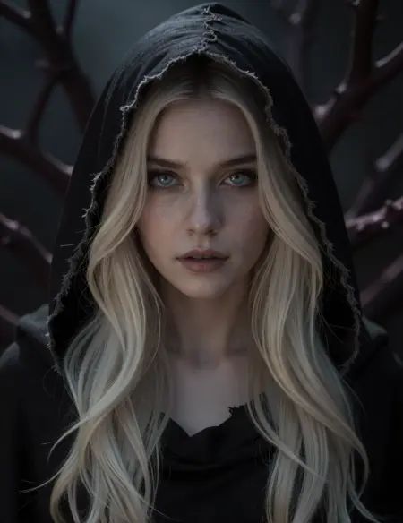 A close-up portrait draws the viewer into the presence of a mysterious female sorceress, her long platinum blonde hair flowing in silken waves over her shoulders, strands catching faint highlights as if touched by unseen magic, while her piercing eyes lock forward with hypnotic intensity, rendered in hyper-realistic detail that reveals crystalline reflections and layered depth within the irises; her pale skin appears smooth and flawless, softly luminous against the surrounding darkness, accented by subtle freckles that scatter naturally across her cheeks and nose, lending an anime-inspired delicacy without breaking realism; she is wrapped in a dark, tattered hooded cloak that drapes gracefully around her form, its heavy fabric textured with frayed edges, worn seams, and fine fibers visible under dramatic lighting, suggesting age, ritual, and power earned through time; the hood frames her face in shadow, allowing ambient light to sculpt her features with precision, casting soft gradients along her cheekbones and jaw while deeper shadows pool beneath the brow and collar; behind her, a moody gothic backdrop emerges in shallow focus, twisted thorn-like branches clawing upward and outward, their silhouettes blurred into an atmospheric web that feels alive and ominous; the lighting is cinematic and controlled, with cool ambient shadows balanced by faint directional highlights that separate her from the background; captured as if with a high-resolution camera body and wide aperture, the depth of field falls away quickly, isolating her face in razor-sharp focus while the world behind dissolves into dark, mystical abstraction, creating an image that feels intimate, powerful, and quietly dangerous.