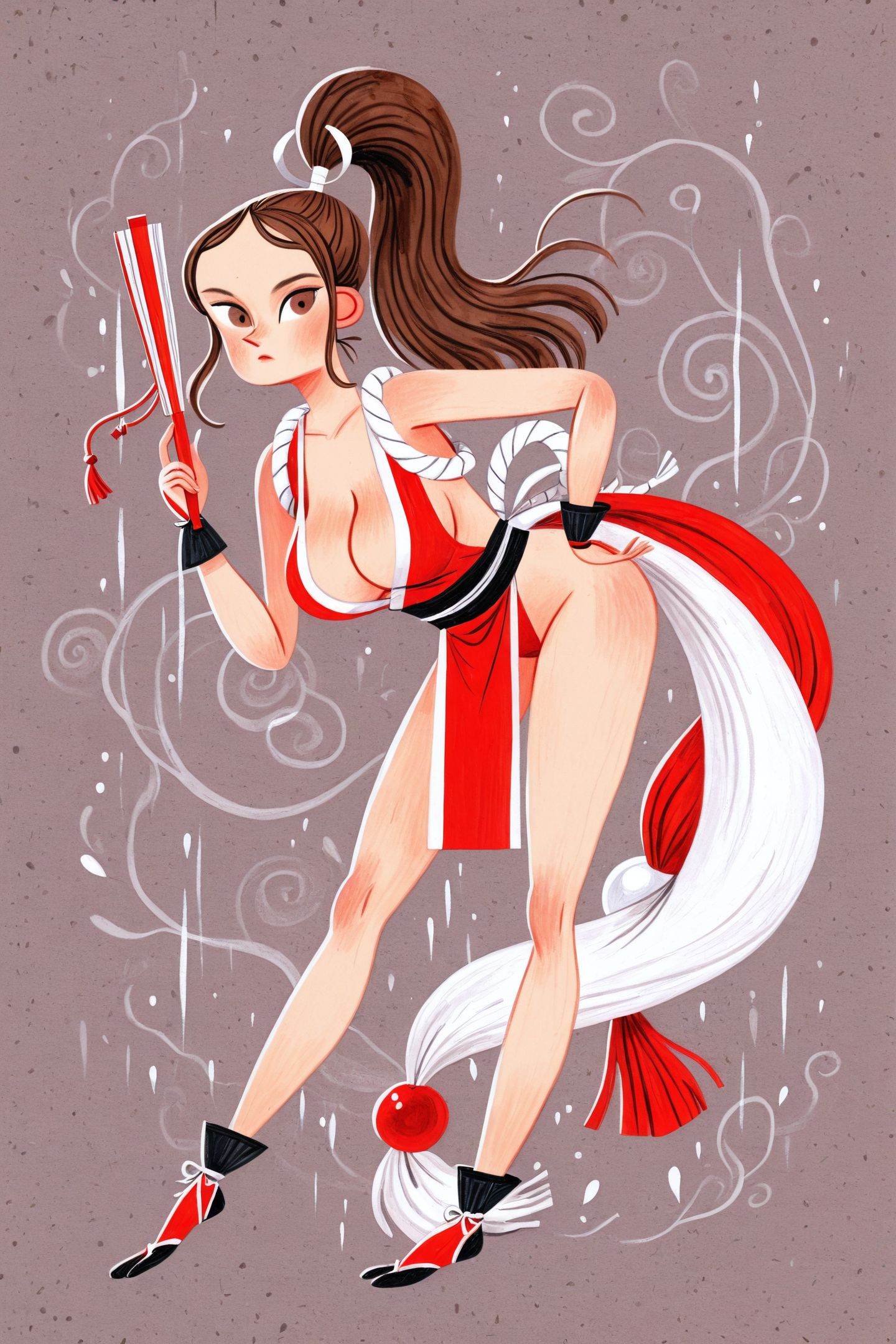 David Sierra Liston Style,1girl,shiranui mai,solo,hand fan,breasts,pelvic curtain,folding fan,ponytail,long hair,cleavage,brown hair,large breasts,japanese clothes,revealing clothes,high ponytail,standing,brown eyes,legs,leaning forward,holding fan,folded fan,traditional media,<lora:David Sierra Liston_illustriousXL:1>,