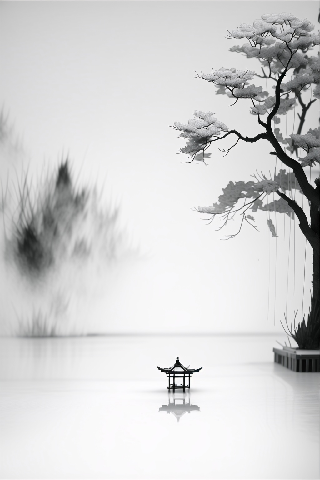 ycbh,monochrome,greyscale,silhouette,scenery,tree,outdoors,fog,architecture,reflection,water,east asian architecture,Liangting,ink wash,black and white,thick fog,3D,<lora:ycbh4:0.8>,