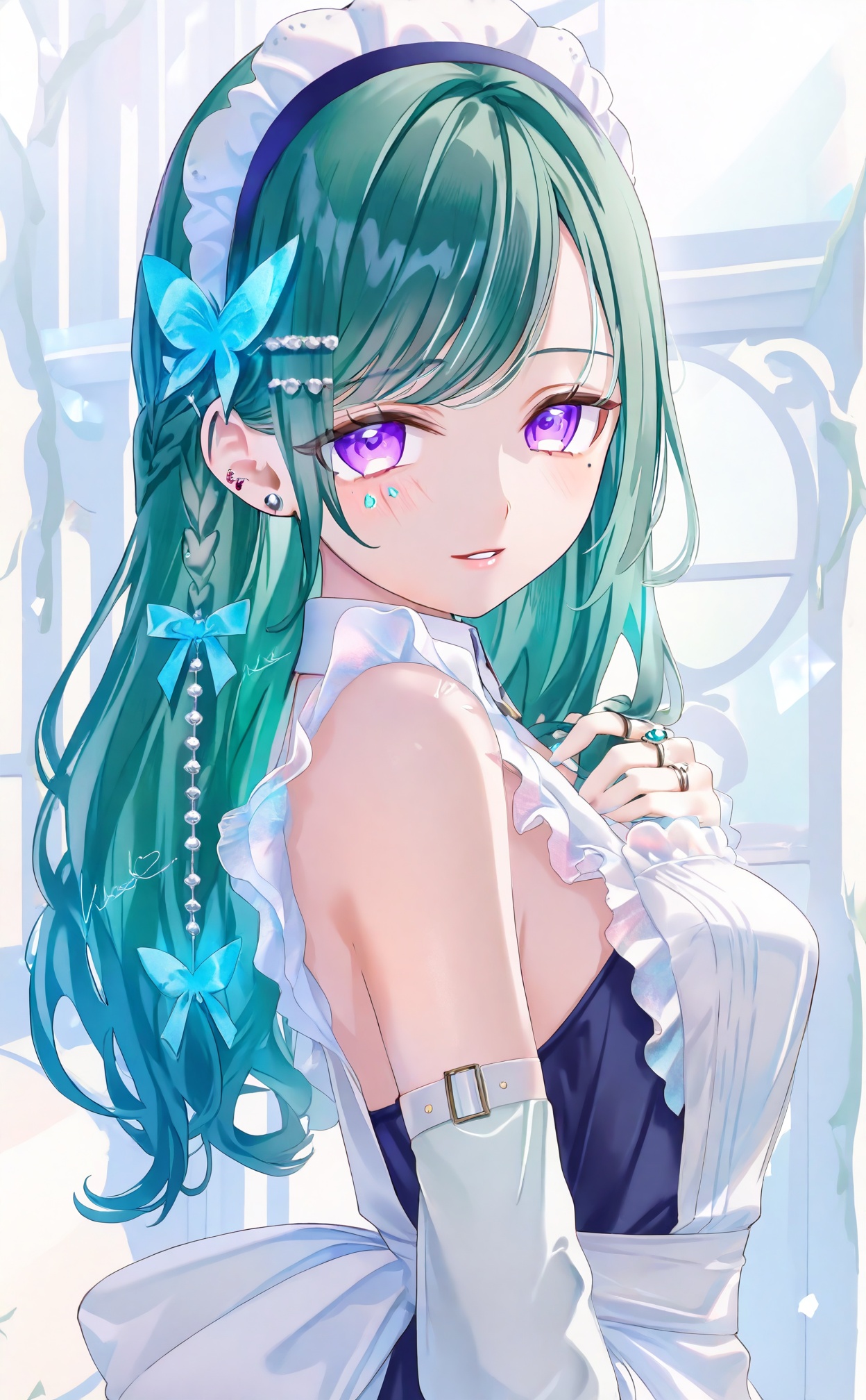 mmasterpiece,absurdres,best quality,petite,high quality,chromatic_aberration,//,1girl,purple_eyes,solo,green_hair,long_hair,maid_headdress,looking_at_viewer,ring,jewelry,apron,butterfly_hair_ornament,smile,hair_ornament,virtual_youtuber,swept_bangs,window,parted_lips,detached_sleeves,breasts,from_side,maid,upper_body,dress,earrings,white_apron,maid_apron,nail_polish,bare_shoulders,blue_nails,facial_mark,piercing,braid,blue_dress,mole,frills,frilled_apron,signature,hair_behind_ear,ear_piercing,beads,gem,white_sleeves,long_sleeves,white_dress,bow,large_breasts,blush,looking_to_the_side,//,<lora:kinako_(shiratama_mochi)——【CKXL】hans:1>,