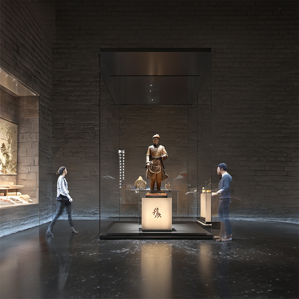 BOWUGUANkongjian,BOWUGUANkongjian,Square glass displays, sculptures, people, gray brick walls, dark floors, dim Spaces, masterpiece,High quality,4K,professional lighting,VRAY rendering<lora:BWG (8):0.8>