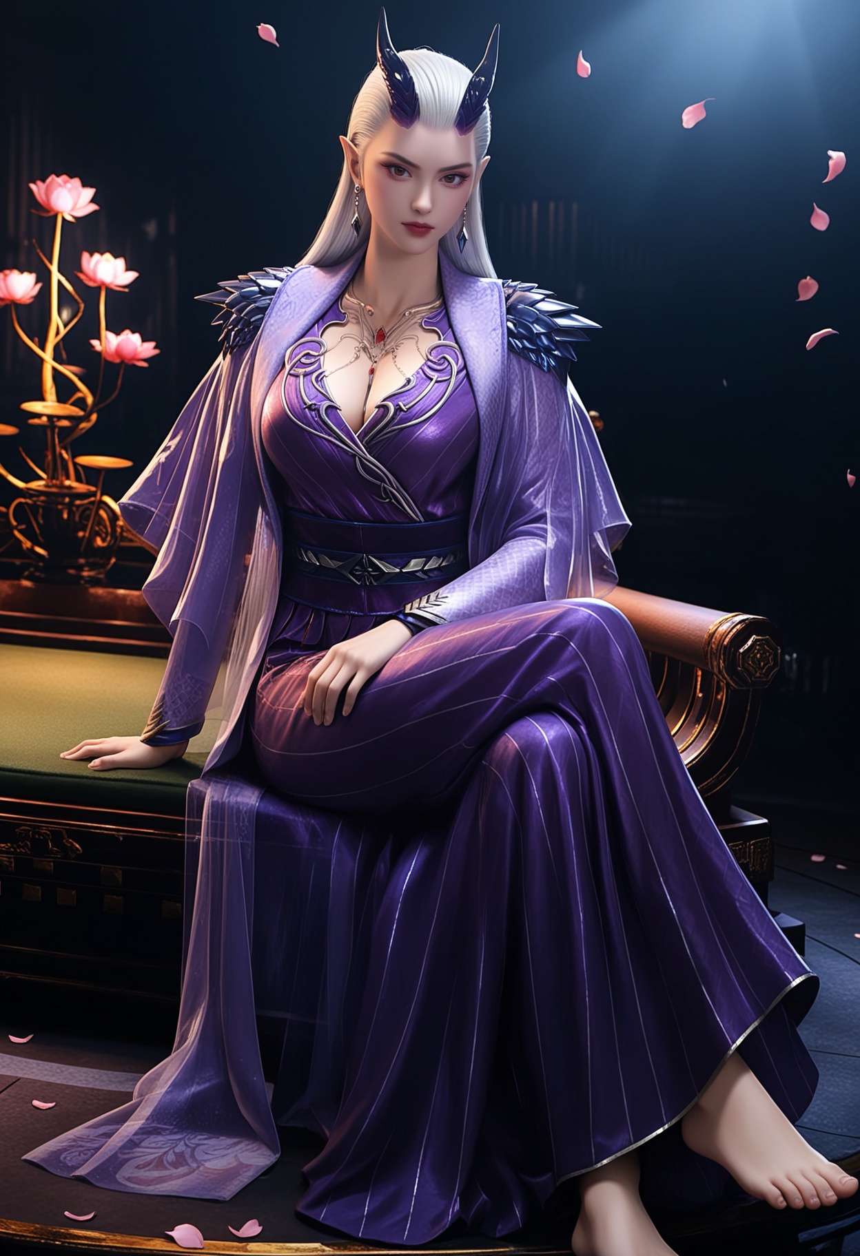 masterpiece,best quality,amazing quality,very aesthetic,high resolution,ultra-detailed,absurdres,scenery,photorealistic,(looking at viewer:1.1),upper body,(Dark room:1.3),(moody lighting:1.1),peach blossom,falling petals,(large breasts:0.8),monasuo,1girl,solo,white hair,long hair,jewelry,horns,earrings,pointy ears,necklace,closed mouth,dress,makeup,purple dress,long dress,long sleeves,red lips,brown eyes,barefoot,sitting,(crossed legs:1.3) BREAK photorealistic details,<lora:QQSillmonasuoV1:0.8>,