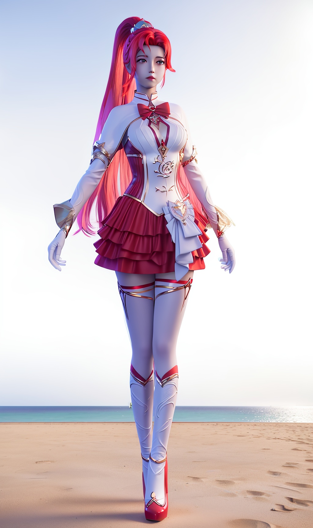masterpiece,(best quality),(3d)official art, extremely detailed cg 8k wallpaper,((crystalstexture skin)), (extremely delicate and beautiful),highly detailed,((hair_ornament)),(face,eyes),1girl,solo,long hair,headwear,(standing),(red hair),(closed mouth),(looking at the audience:1.3),(Facing the camera:1.3),hand,gloves,makeup,ponytail,thighhighs, (red skirt),skirt,(high heels),,(dress,chinese_clothes,),(long sleeves)((Summer, beach, sunbathing, seaside)),detached_sleeves,((looking_at_viewer)), (medium breasts), (full body), <lora:hipoly3DModelLora_v10:0.3>