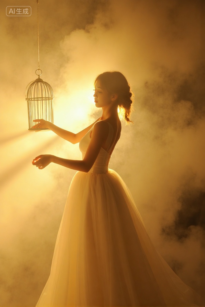 A woman in a white long dress,surrounded by smoke,warm yellow light,mysterious and artistic atmosphere,birdcage in the background,soft and hazy mood,4:5 ratio.,, Negative prompt: ng_deepnegative_v1_75t,(badhandv4:1.2),EasyNegative,(worst quality:2),,nsfw, Steps: 30, Sampler: Euler, CFG scale: 3.5, Seed: 665794843, Size: 720x1080, Model hash: 8cba4f1ef4, Model: F.1基础算法模型-哩布在线可运行_F.1-dev-fp8.safetensors, Denoising strength: 0, RNG: CPU, Lora 1: 20250913-1757780180322-0001, Lora Hash 1: 2c61ab8cf8, Lora Weight 1: 0.8, vae_name: automatic
