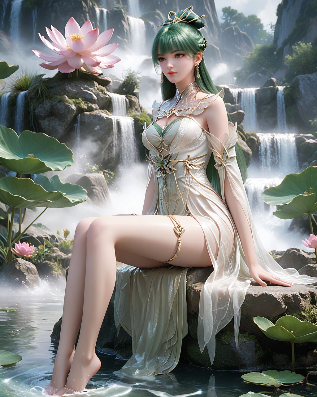 score_9,score_8_up,score_7_up,1girl,long hair,breast,medium breast,earrings,hair_ornament,dress,green hair,thick_thighs,<lora:wy_fuqu_XL7.0:0.8>,barefoot,sitting,pondel,lotus,sitting on the water,skindentation,<lora:细节B:0.5>,clear background,