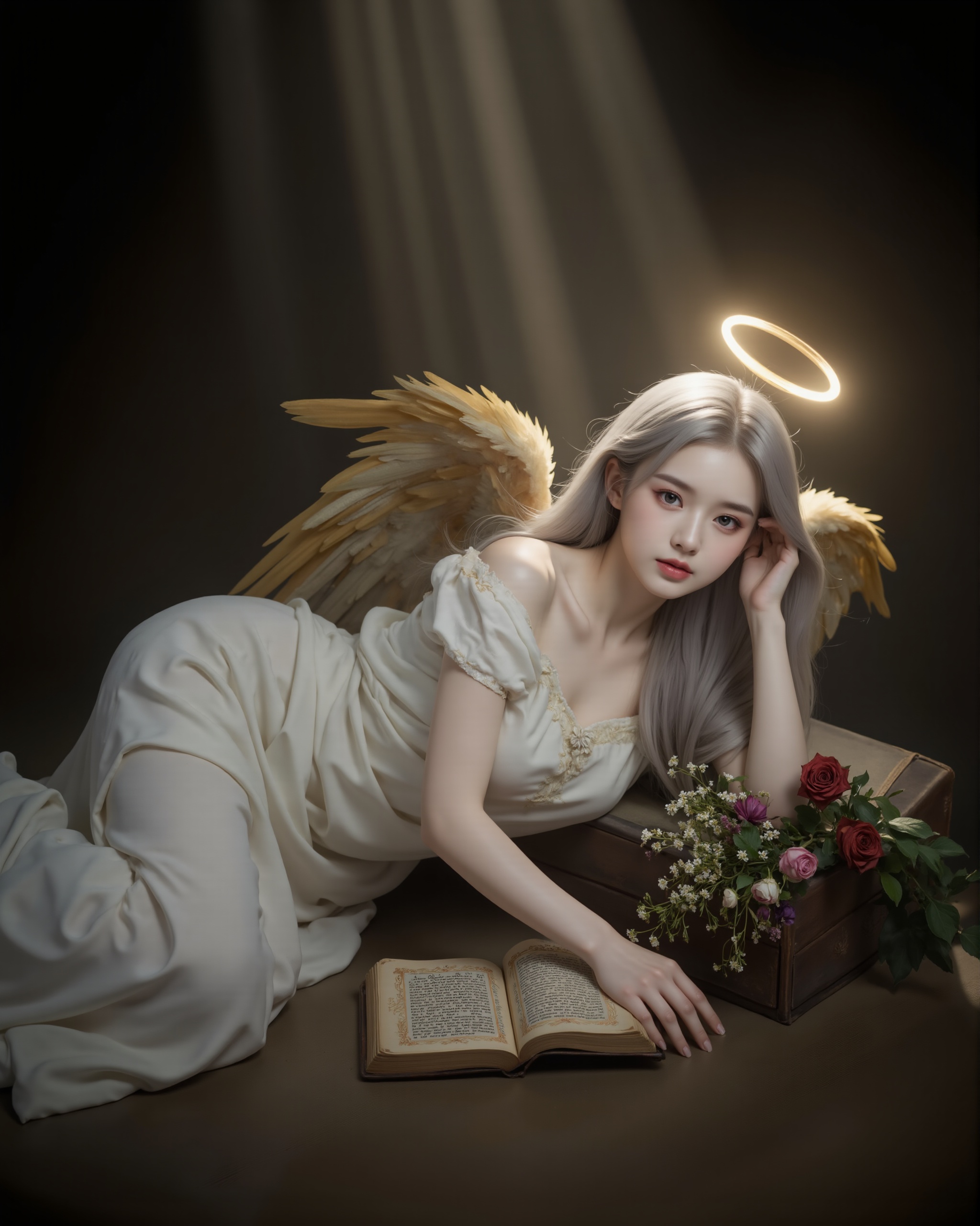 An elegant angel with flowing white robes and a soft halo above her head,lying on her side with golden wings resting gently behind her. In her hands,she cradles a bouquet of delicate flowers and an ancient book,symbolizing knowledge and beauty. The angelâs hair is silver,cascading down her shoulders,and her expression is peaceful and contemplative. Behind her,faint heavenly light streams down,casting soft shadows across the scene. The dark background contrasts with the glowing light of the angel,highlighting her grace and the serene atmosphere of the composition <lora:FLUX-极品超模V3:1.2>