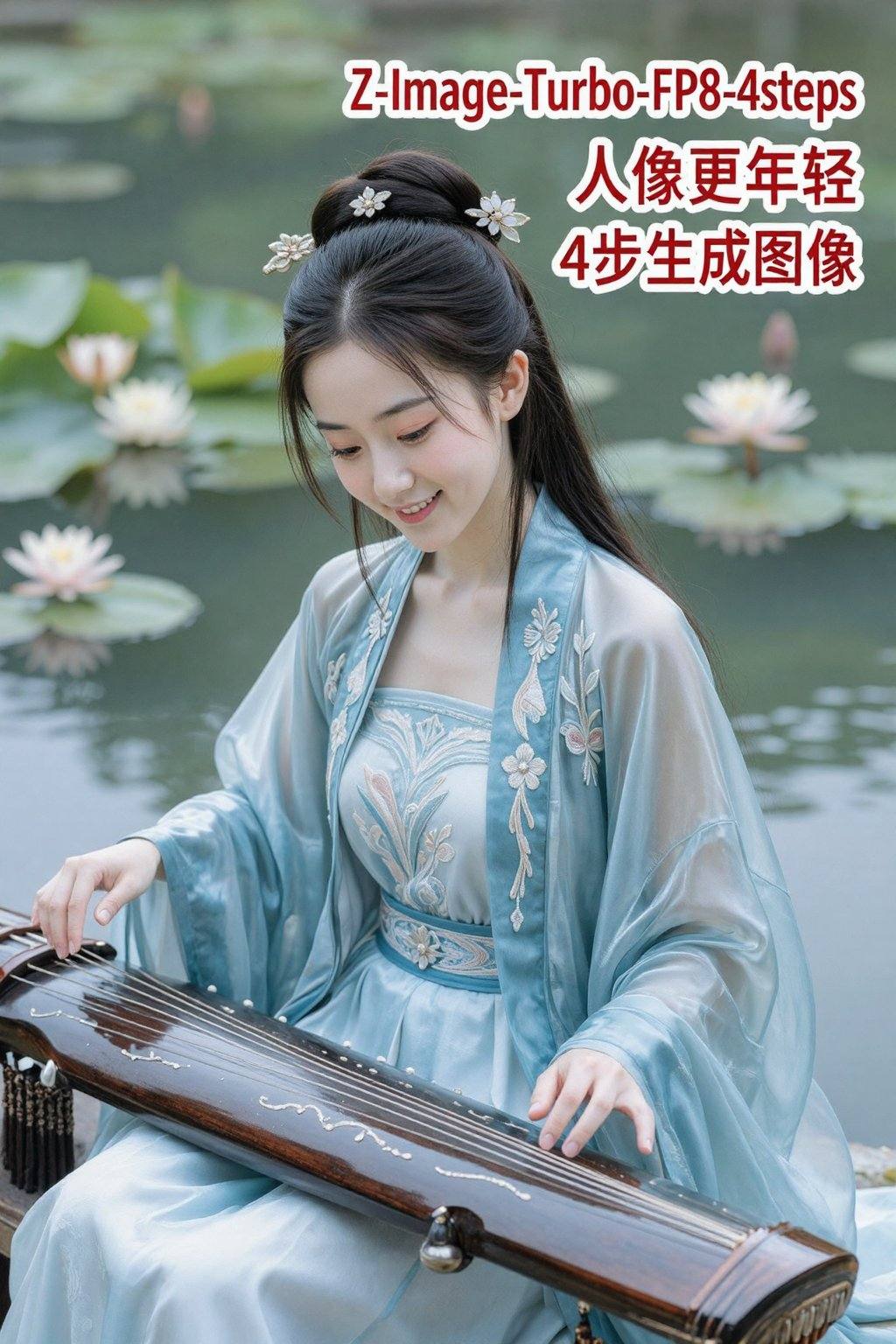 这张照片捕捉到一幅宁静空灵的画面：一位肤色白皙、五官精致的亚洲女子正在弹奏古琴,  浅浅一笑。她身着一件半透明的浅蓝色丝绸长袍,  上面绣着精美的图案 by 天TIN on Tensor.Art