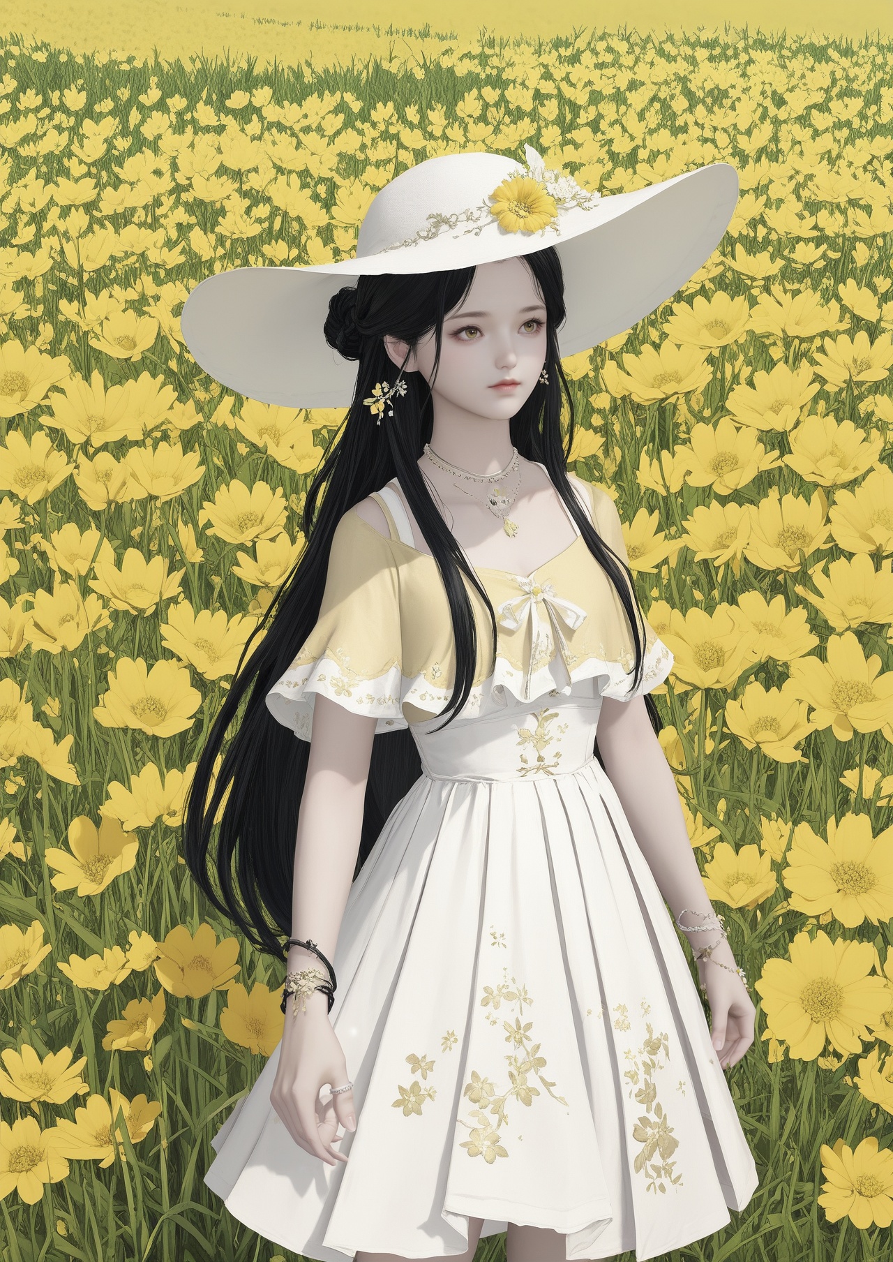 score_10,score_9,score_8_up,score_7_up,1girl,solo,long hair,black hair,field,flower,hair ornament,outdoors,white skirt,skirt,yellow flower,jewelry,hat,bracelet,dress,