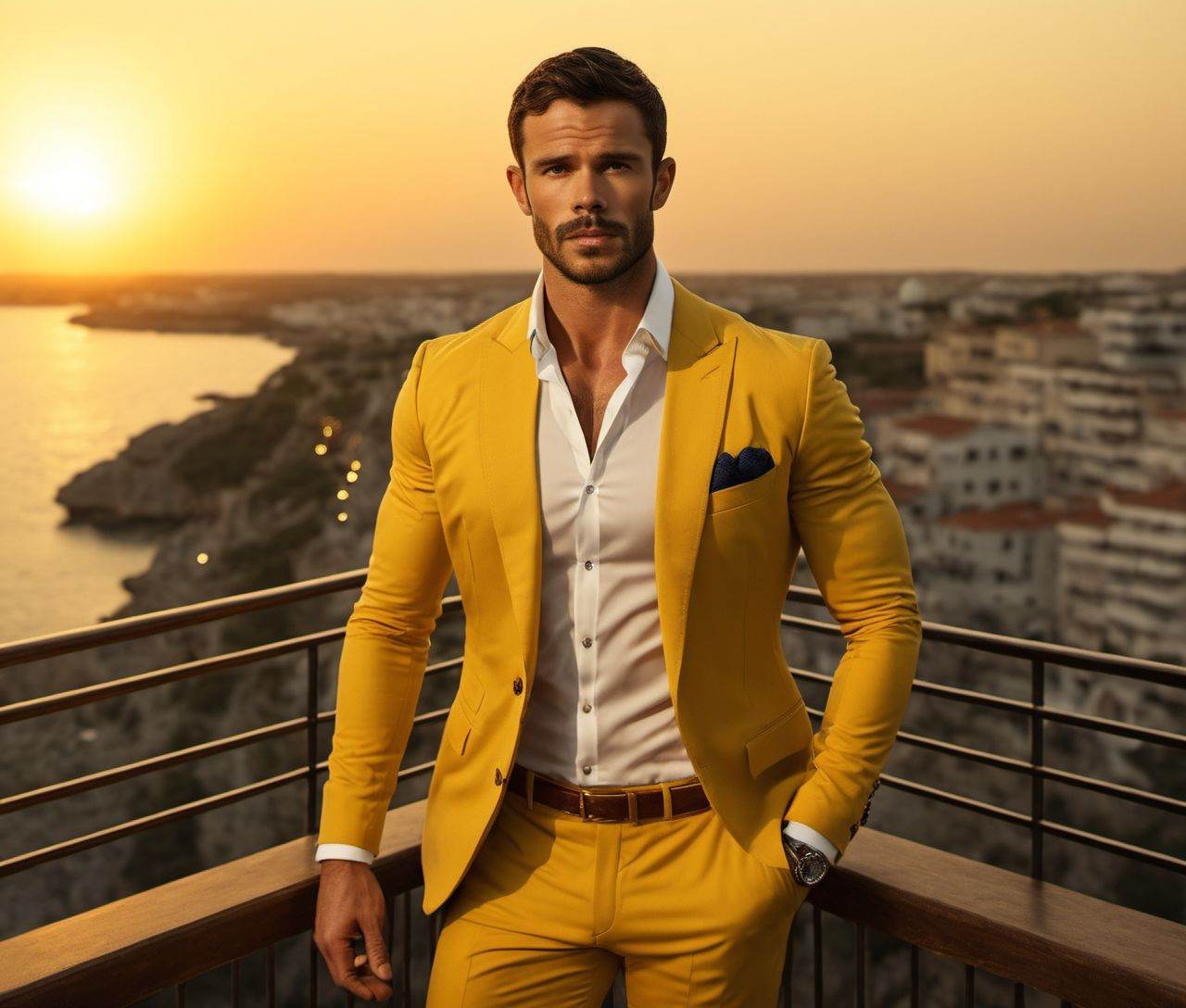 Nautical-themed of Charlie Weber a man in a yellow suit standing on a balcony,  handsome man,  attractive man on Tensor.Art