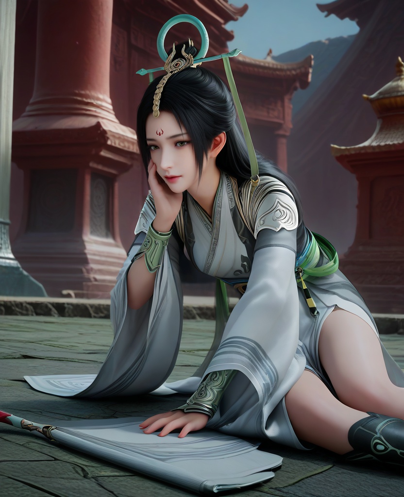 (oriental architecture, elegant decor, sophisticated style:1.1),(Hands on the face, peeking through fingers,:1.1),(breasts:1.2),<lora:XL16遮天陆灵:0.95>,miss luling,white dress,see-through wrap coat,forehead mark,black hair,long hair,hair ornament,sash,weapon,black boots,, score_9,score_8_up,score_7_up,score_6_up,score_5_up,score_4_up,3d rendering,tag1,tag2, Cinematic Lighting,backlighting,