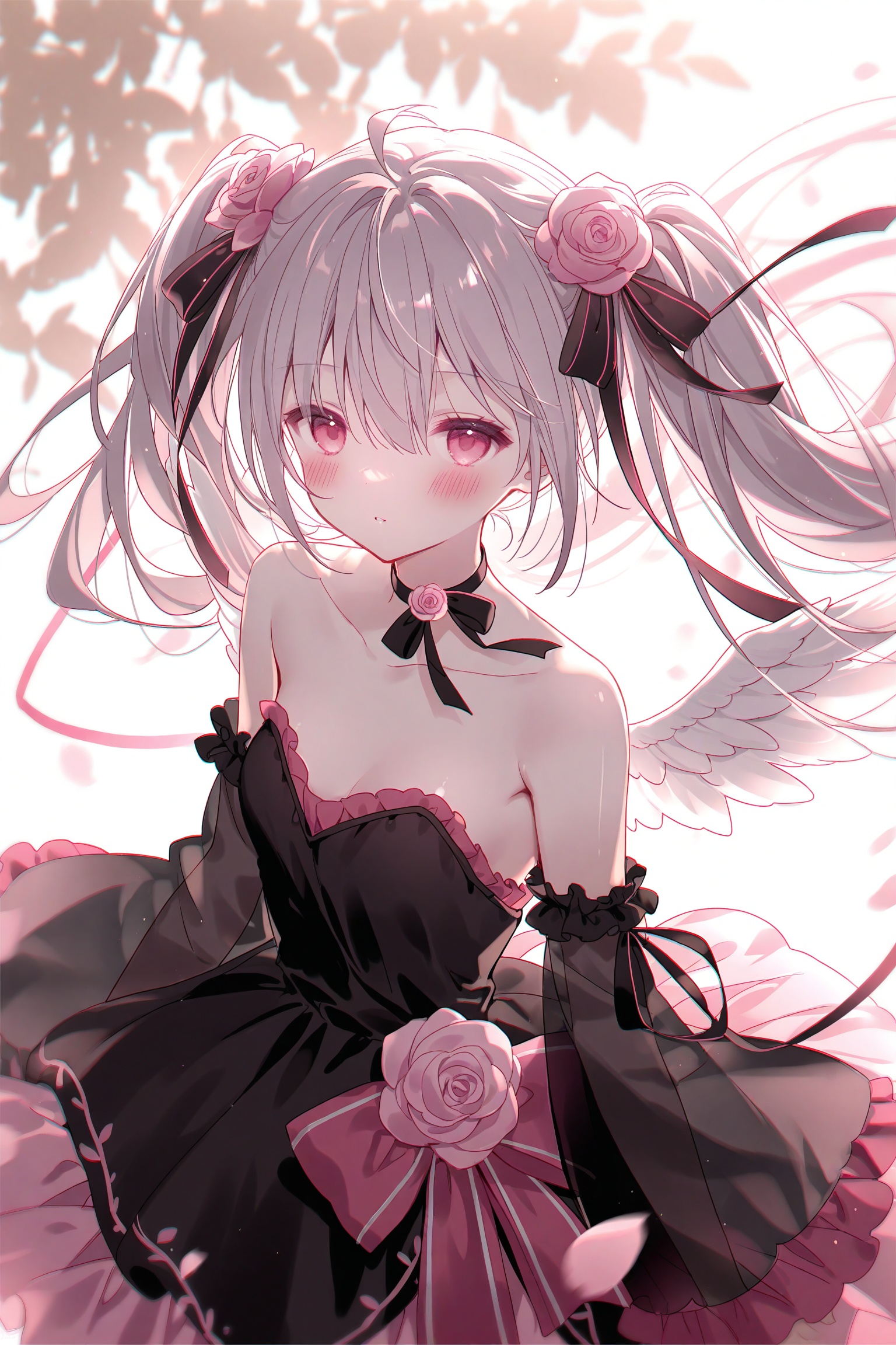 masterpiece best quality high quality loli chromatic_aberration Yellow Theme // acid loli 1girl solo long hair hair ornament flower twintails dress hair flower ribbon black dress looking at viewer hair ribbon red eyes grey hair white background bare shoulders very long hair detached sleeves choker hair between eyes petals pink flower strapless dress strapless from side simple background upper body rose breasts wings red ribbon ahoge floating hair pink eyes small breasts frills collarbone parted lips looking to the side hatsune miku ribbon choker pink rose black ribbon standing closed mouth pink ribbon black choker bow frilled dress // official art depth of field detailed light blurry background cinematic lighting ray tracing ultra detailed god rays backlighting photo background film grain chromatic aberration volumetric lighting depth of field blurry background shiny skin floating hair cinematic lighting day very aesthetic<lora:lp22:0.8>