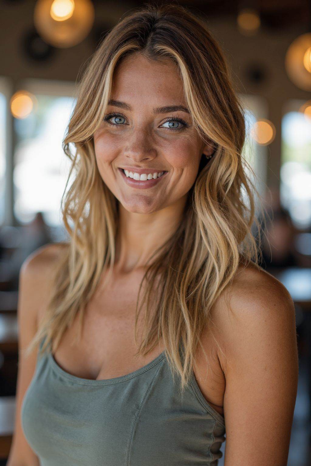 This is a beautiful photograph of a woman,  blonde hair cascading over her shoulders. She is wearing a boatneck dress,  St...