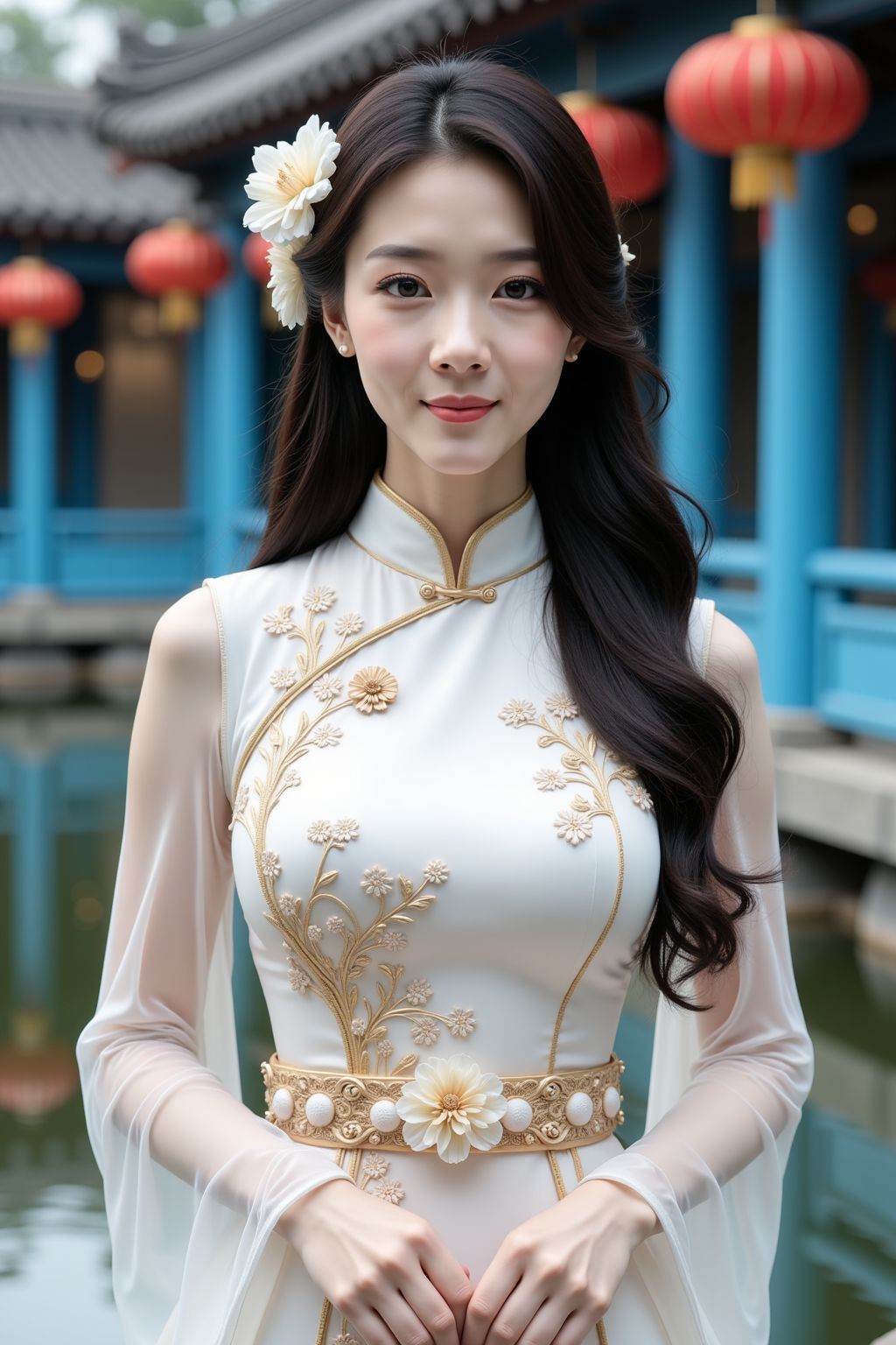 A photograph of a young woman with fair skin, long dark hair adorned with white flowers, and delicate facial features. She wears a traditional white Chinese cheongsam dress with gold embroidery and sheer sleeves. The dress has a floral belt. The background features a vibrant blue wooden structure with red lanterns, and a serene water body reflecting the scene. The overall aesthetic is elegant and traditional.