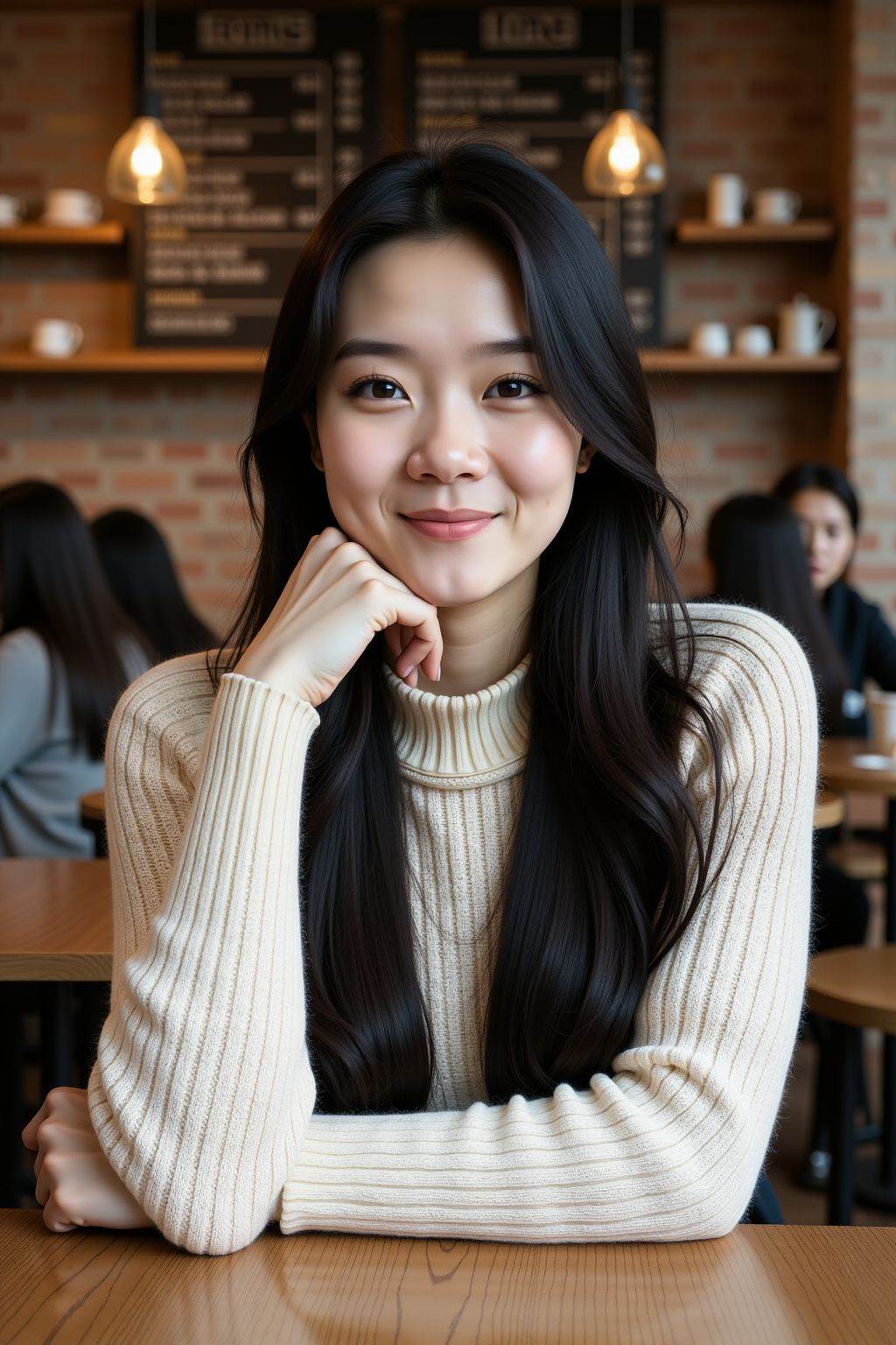 Photograph of a young woman with fair skin and long, straight black hair. She wears a cream-colored knitted sweater and sits at a wooden table in a cozy café with exposed brick walls and wooden shelves. The background shows other patrons and a menu board. The woman's expression is soft, with a slight smile, and she rests her chin on her hand.