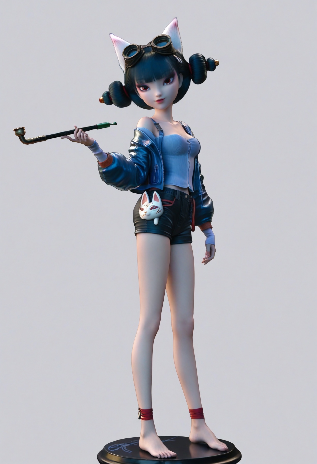score_9,<lora:SF_BaoQingFangZhu2_Pony_Realism2.3-000004:0.7>,hair ornament,standing,clothes,1girl,breasts,hair ornament,black hair,solo,animal ears,bangs,bare legs,jacket,short shorts,shorts,bare feet,holding pipe,goggles on head,looking at viewer,white background,simple background,
