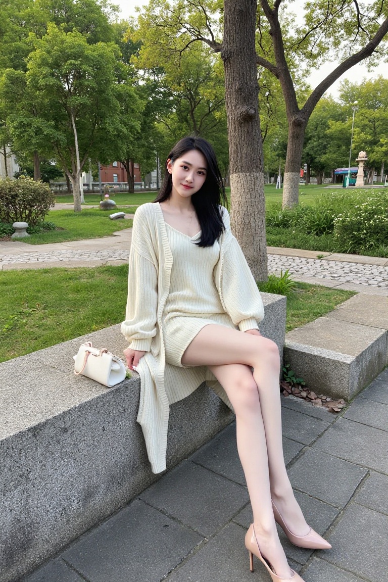 This is a high-resolution photograph featuring a young Asian woman with fair skin and straight black hair, seated on a stone bench in a park. She is wearing a cream-colored, ribbed knit dress that reaches her knees, and a matching oversized cream cardigan. She is also wearing nude-colored high heels. The background shows a serene park with lush greenery, trees, and a stone path. A small white handbag is placed beside her on the bench. The lighting suggests early morning or late afternoon. There are no visible JPEG artifacts.,<lora:models/4490/a2c5bb9d.safetensors:0.8:0.8>