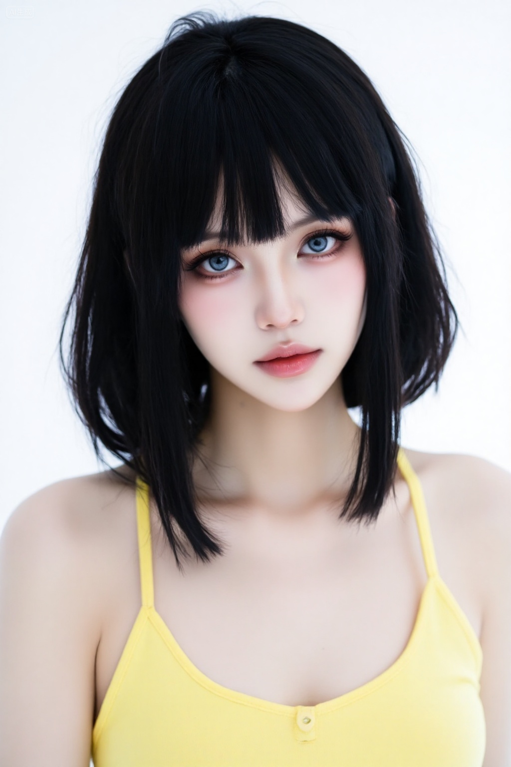 a woman with pale skin,large blue eyes,and a black bob cut with blunt bangs,shes wearing a yellow top,the background is a plain,solid white,, Negative prompt: ng_deepnegative_v1_75t,(badhandv4:1.2),EasyNegative,(worst quality:2),,nsfw, Steps: 30, Sampler: Euler, CFG scale: 3.5, Seed: 3137782293, Size: 1024x1536, Model hash: 062dad72b2, Model: 麦橘超然majicFlus_v1.safetensors, Denoising strength: 0, RNG: CPU, Lora 1: majicFlus脸模矩阵_御姐脸模（自带妆容，美白）, Lora Hash 1: dbe62f063d, Lora Weight 1: 0.6, Lora 2: 麦橘超野majicflus, Lora Hash 2: b9ff6955fe, Lora Weight 2: 0.8, Lora 3: 戴眼镜的女老师形象pro2.0, Lora Hash 3: 788cc1f260, Lora Weight 3: 0.8, vae_name: automatic